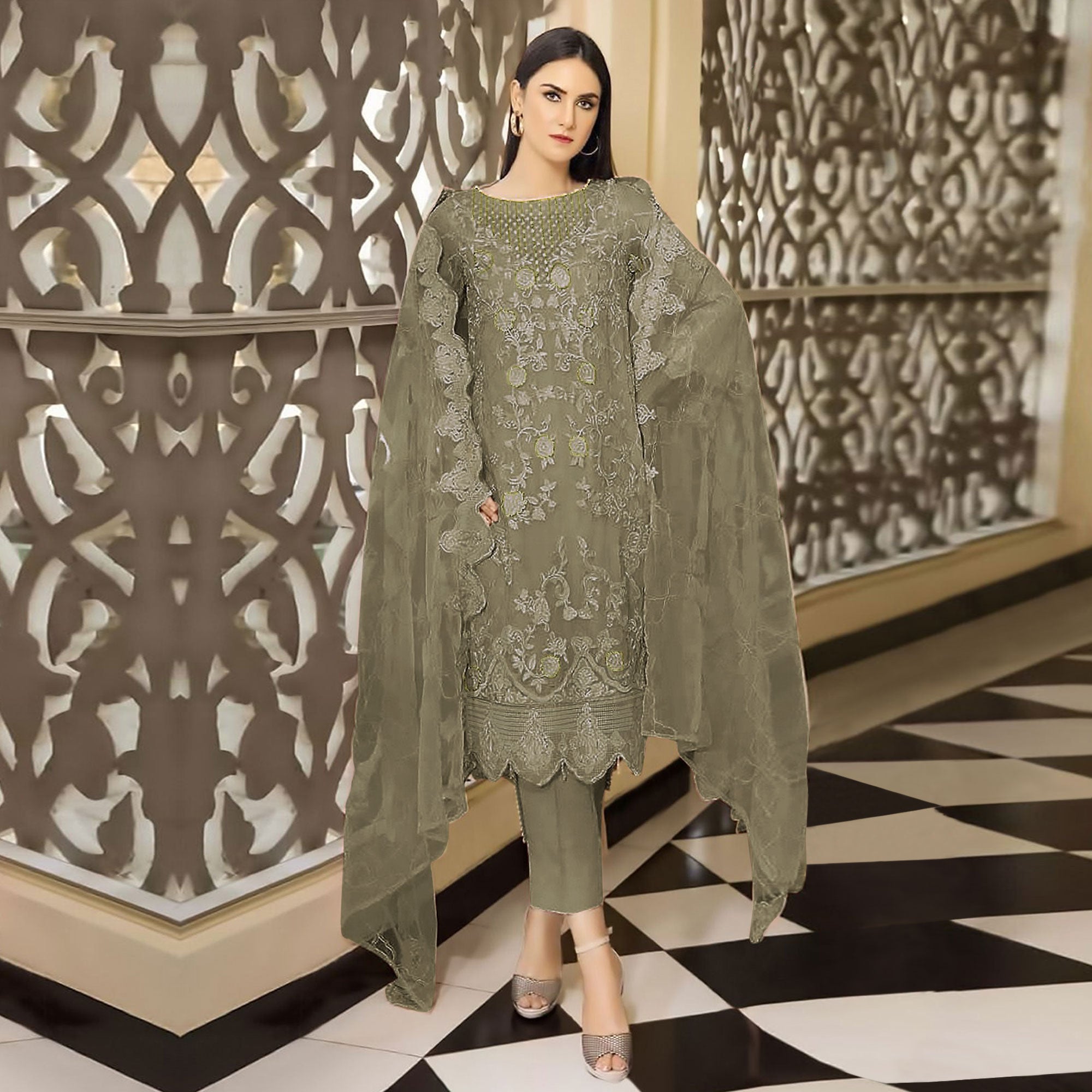 Dark Beige Floral Embroidered Georgette Semi Stitched Pakistani Suit
