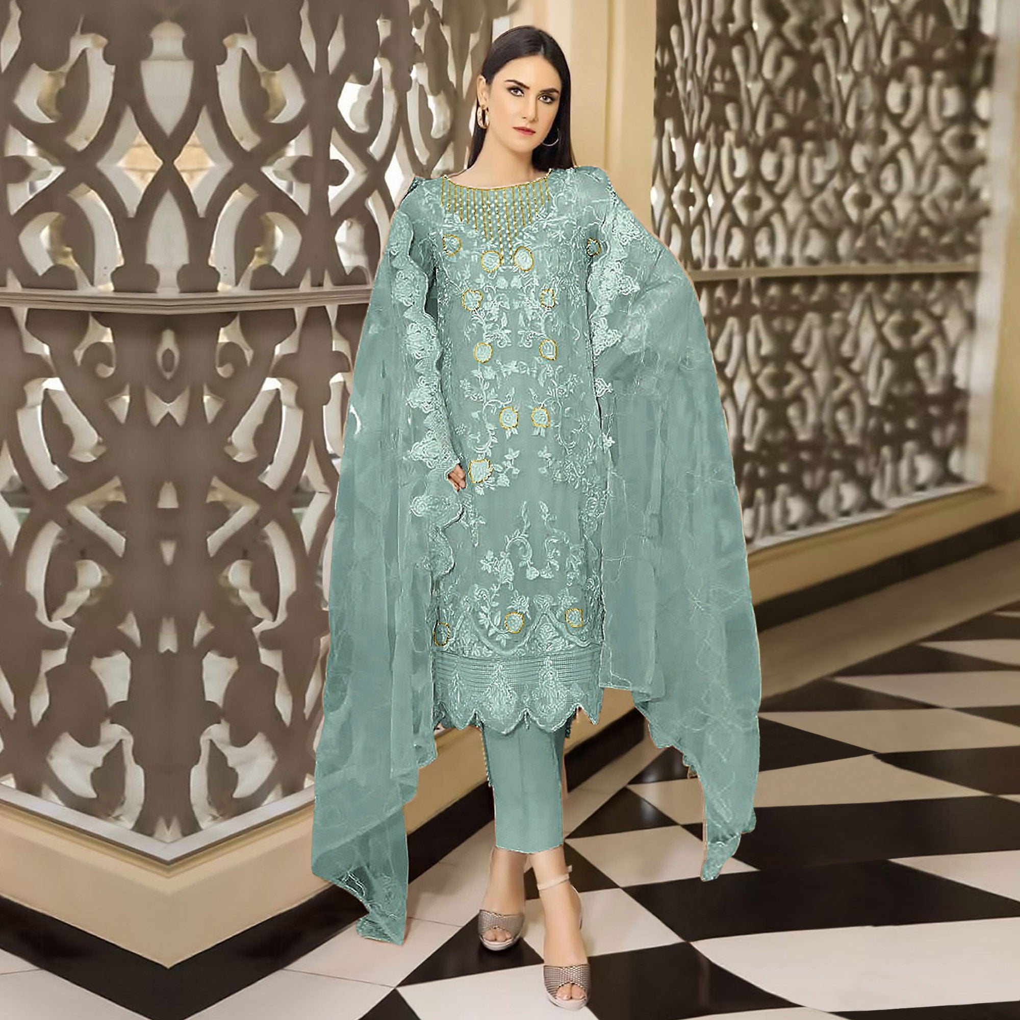 Light Turquoise Floral Embroidered Georgette Semi Stitched Pakistani Suit