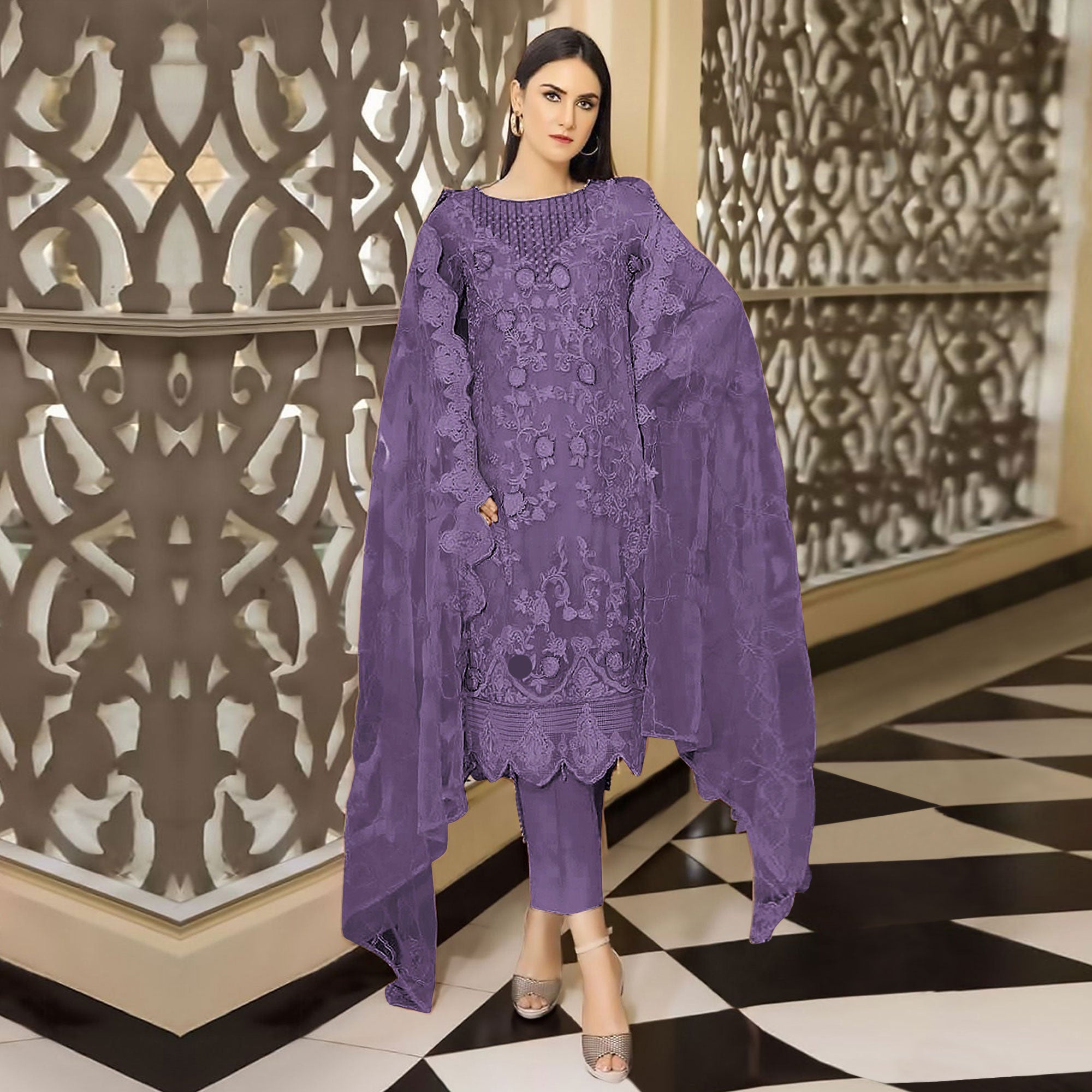 Purple Floral Embroidered Georgette Semi Stitched Pakistani Suit