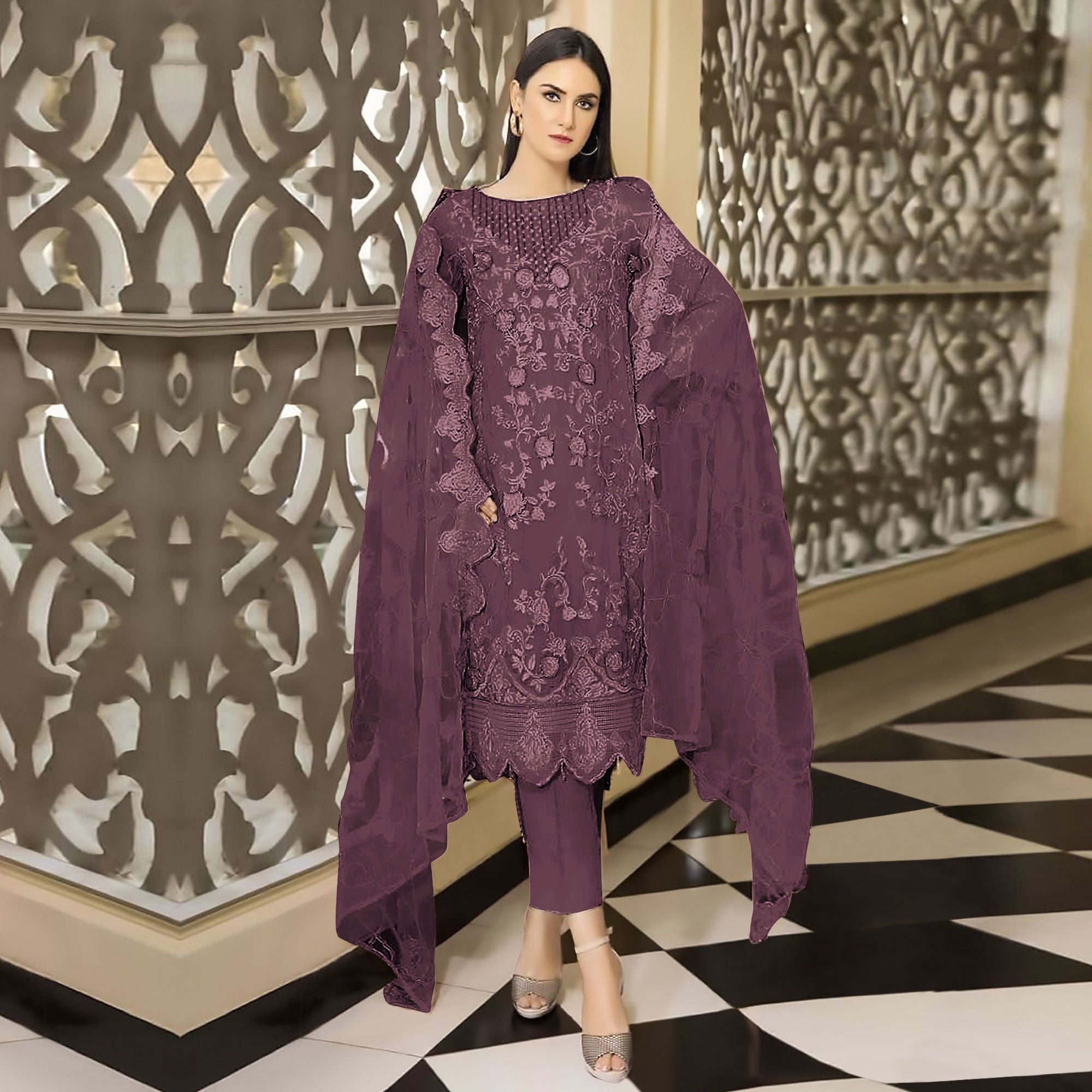 Dark Mauve Floral Embroidered Georgette Semi Stitched Pakistani Suit