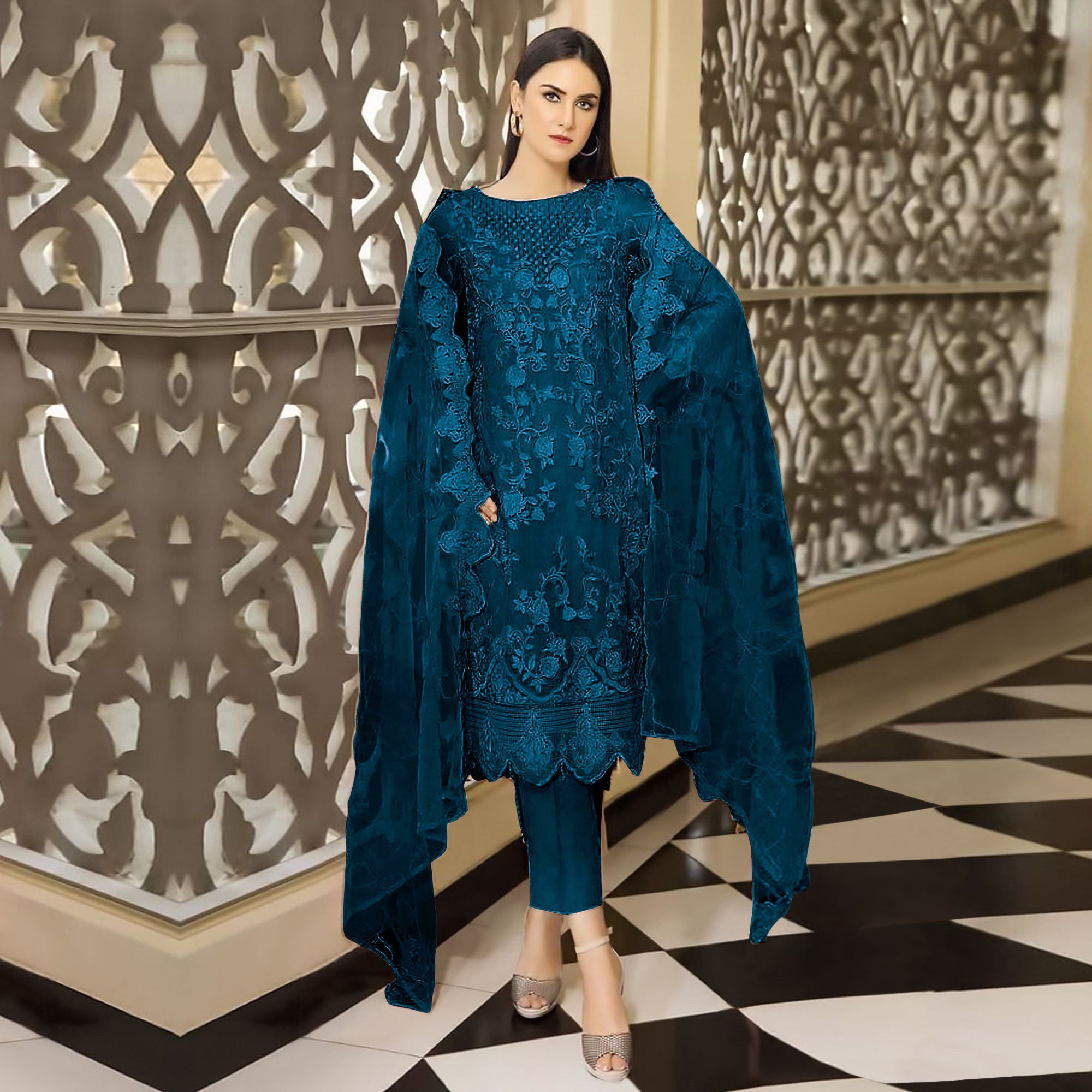 Morpich Floral Embroidered Georgette Semi Stitched Pakistani Suit