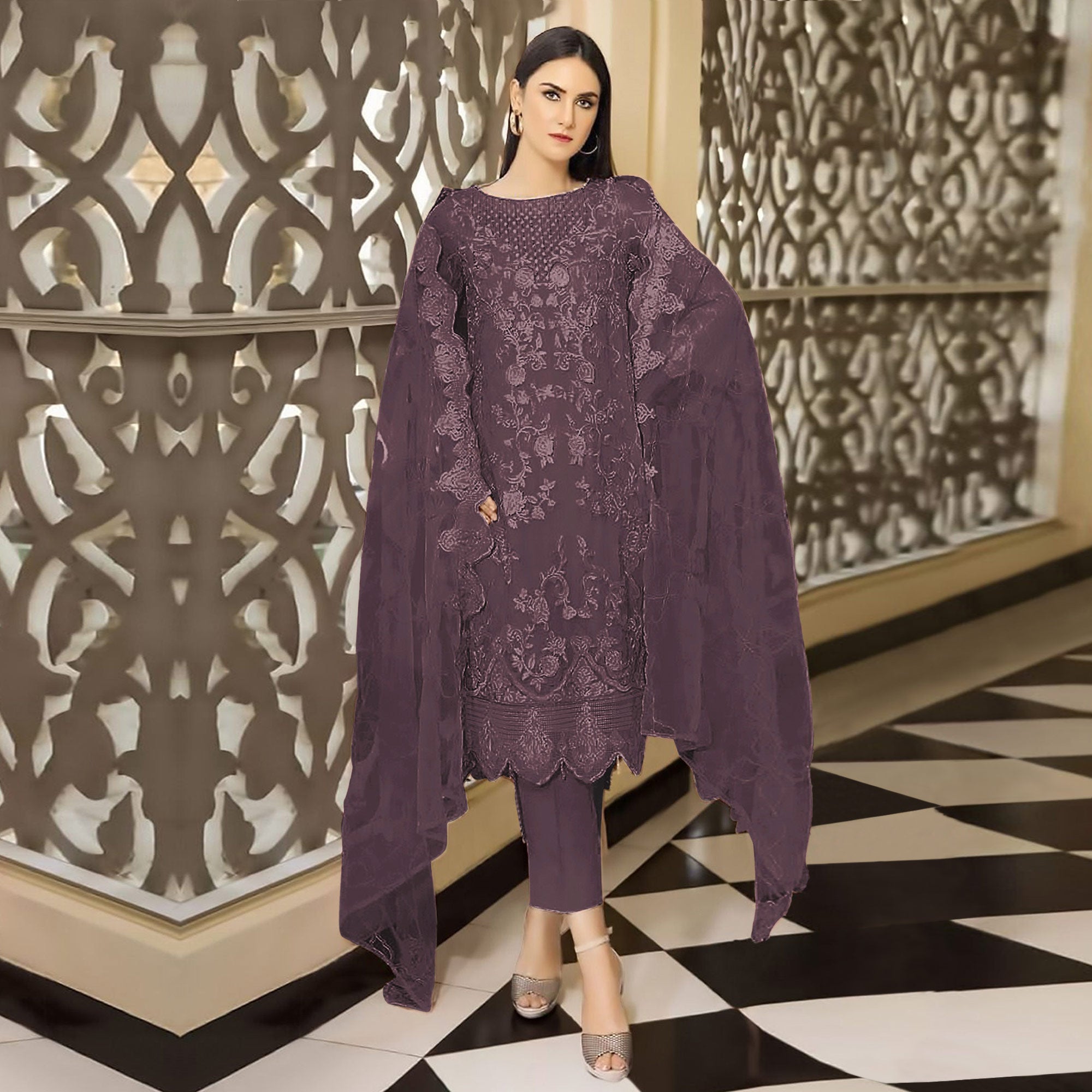 Light Mauve Floral Embroidered Georgette Semi Stitched Pakistani Suit