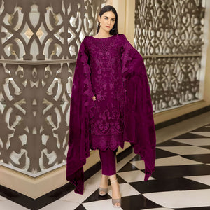 Wine Floral Embroidered Georgette Semi Stitched Pakistani Suit
