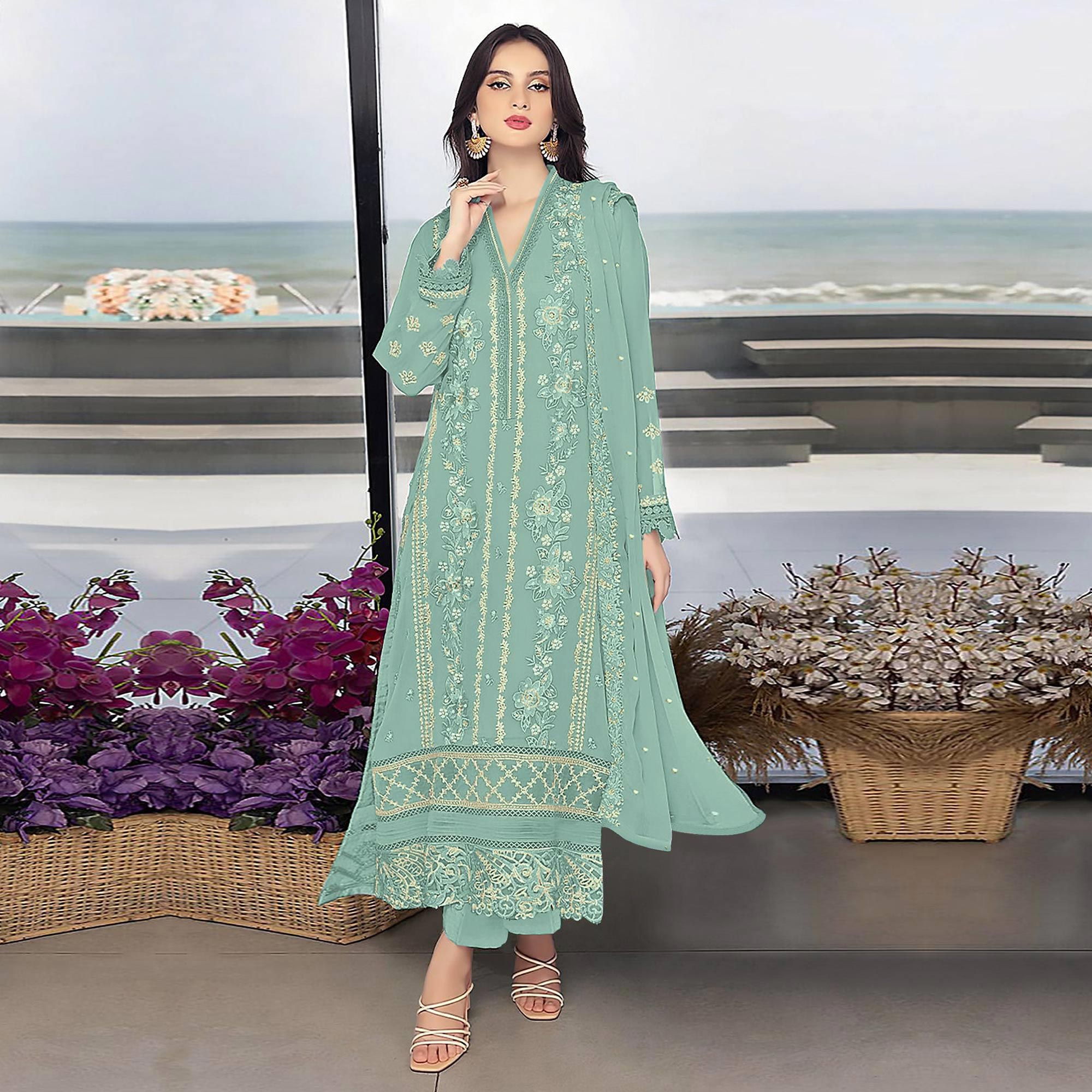 Light Turquoise Floral Embroidered Georgette Semi Stitched Pakistani Suit