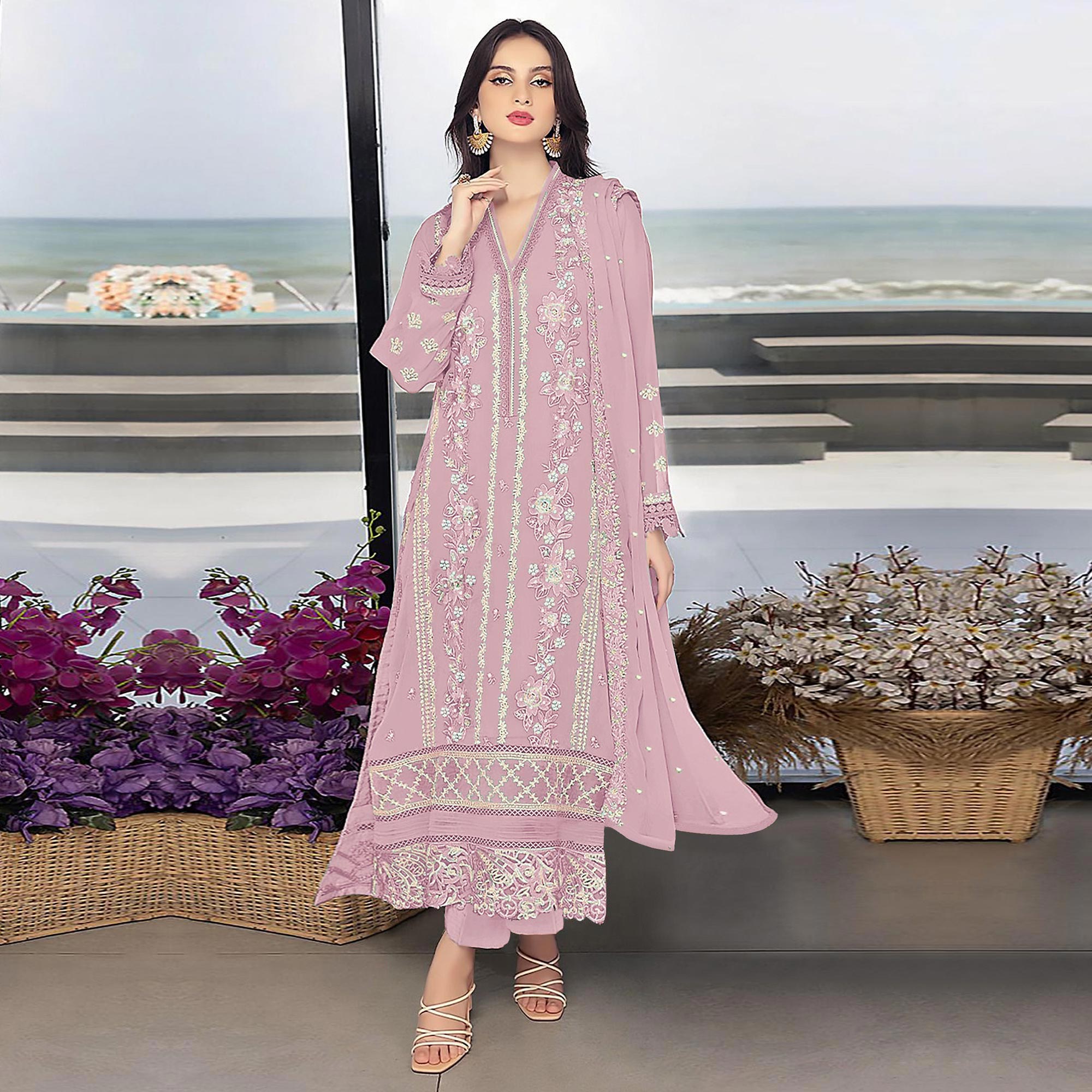 Pink Floral Embroidered Georgette Semi Stitched Pakistani Suit