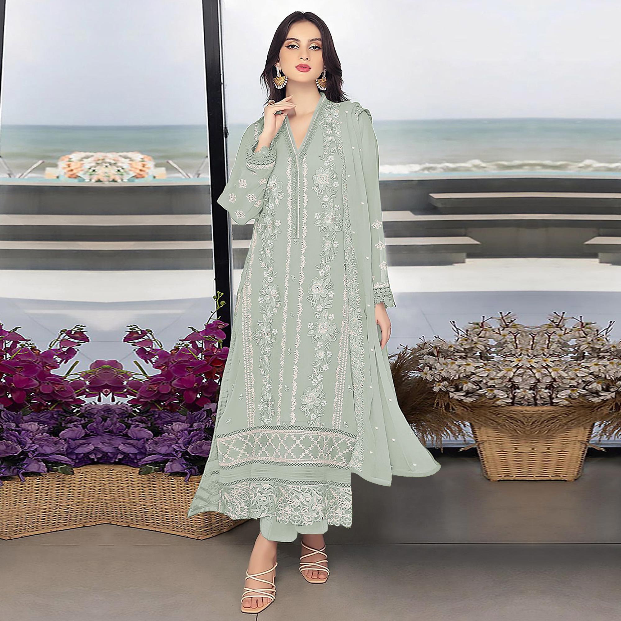 Pista Green Floral Embroidered Georgette Semi Stitched Pakistani Suit