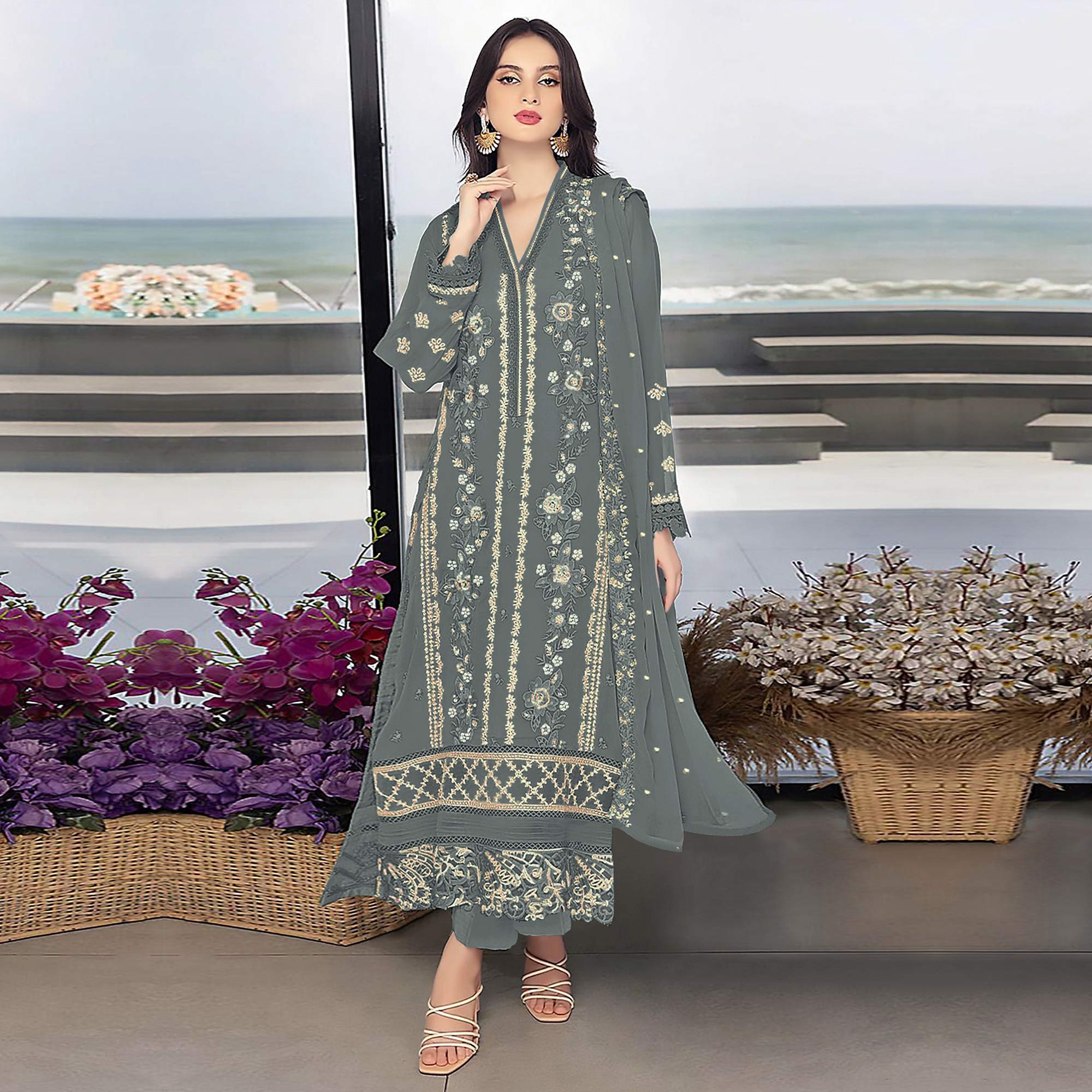 Grey Floral Embroidered Georgette Semi Stitched Pakistani Suit