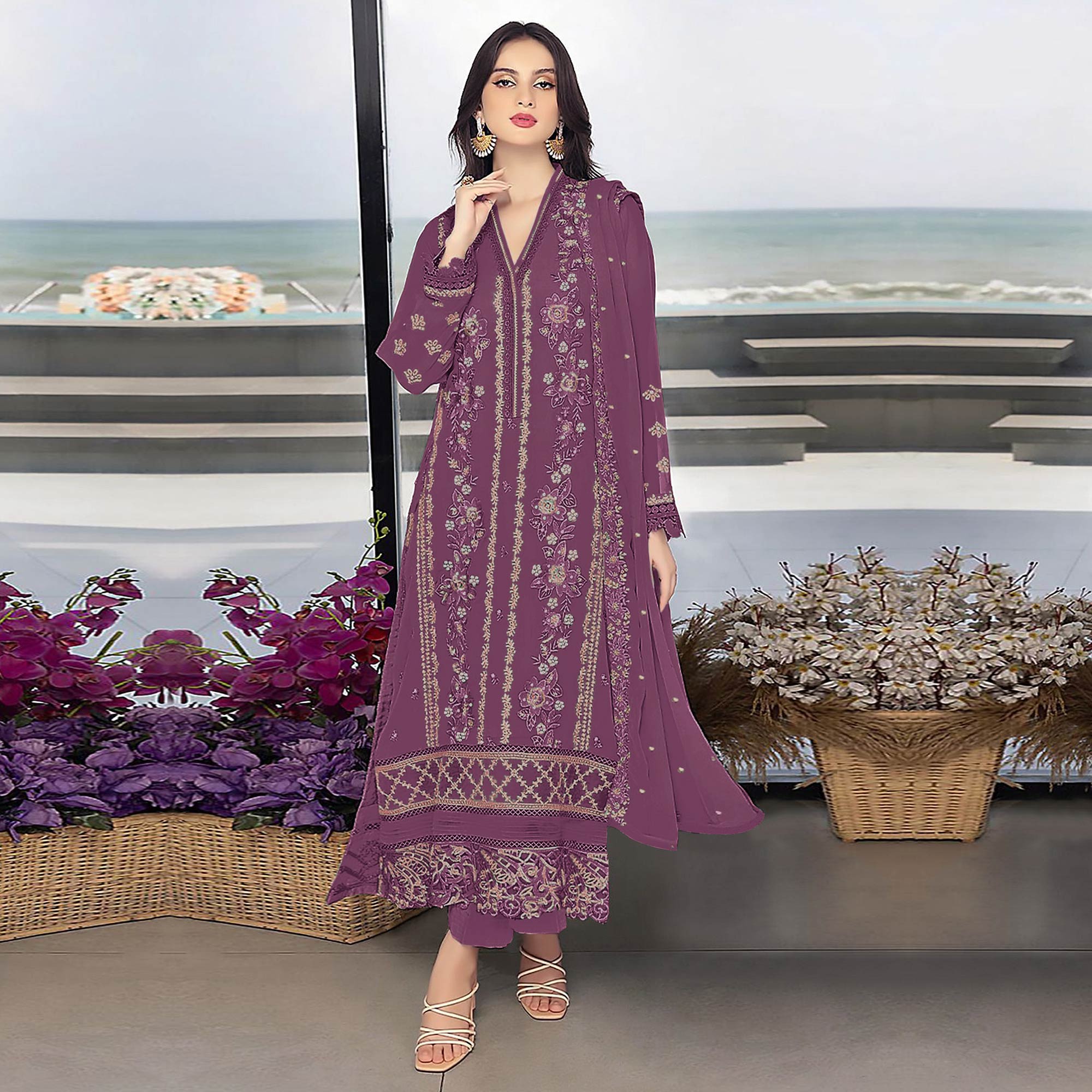 Dark Mauve Floral Embroidered Georgette Semi Stitched Pakistani Suit