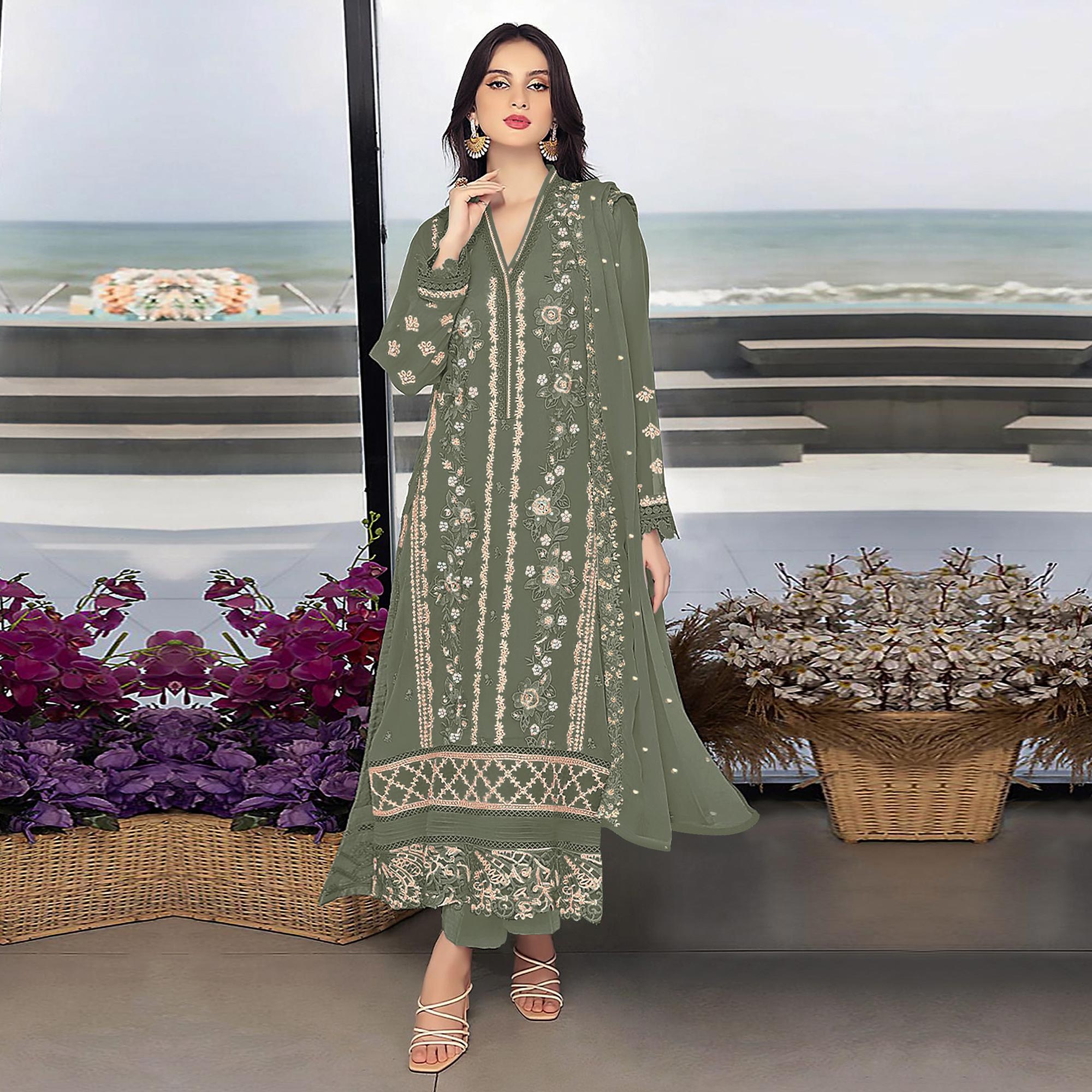 Mehendi Green Floral Embroidered Georgette Semi Stitched Pakistani Suit