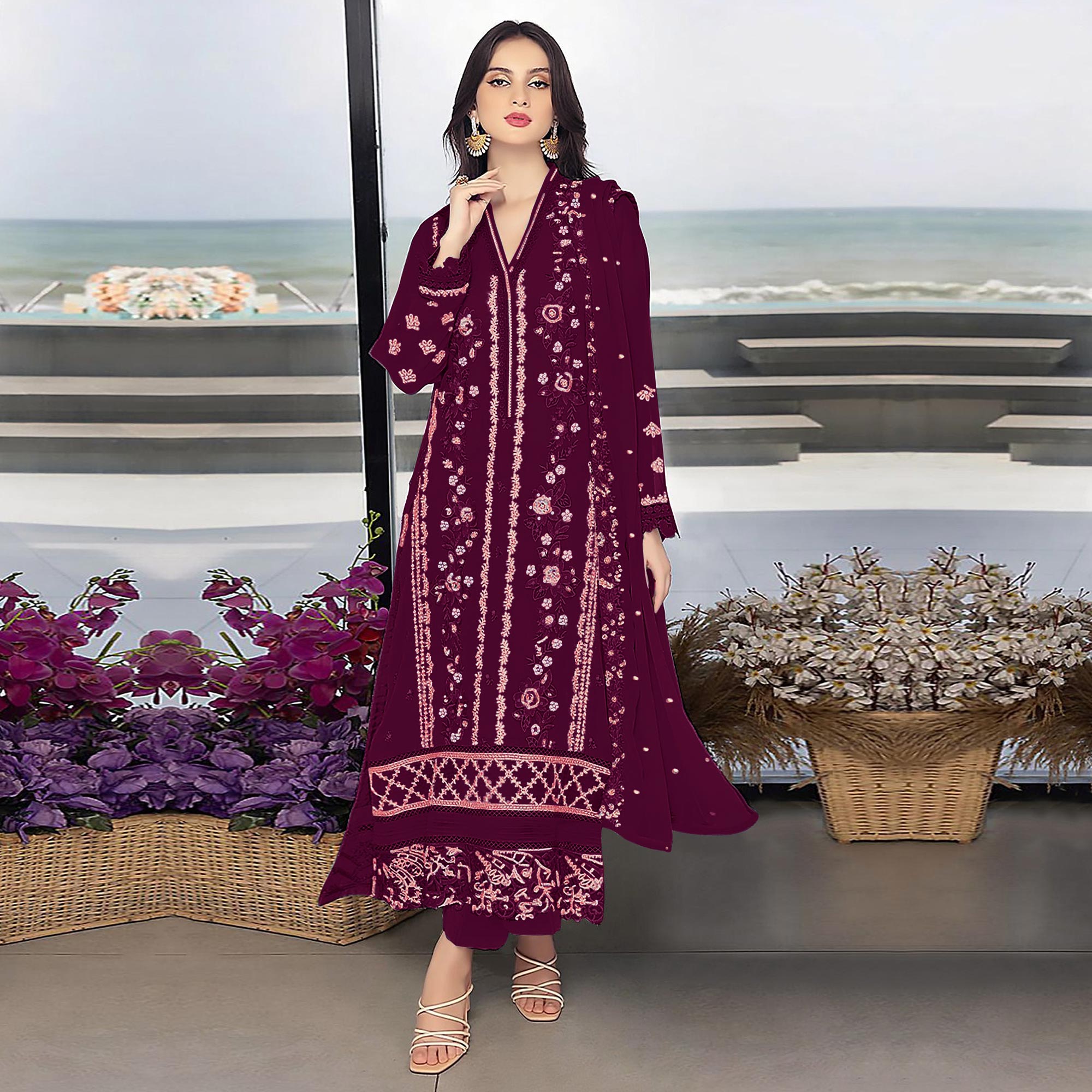 Wine Floral Embroidered Georgette Semi Stitched Pakistani Suit