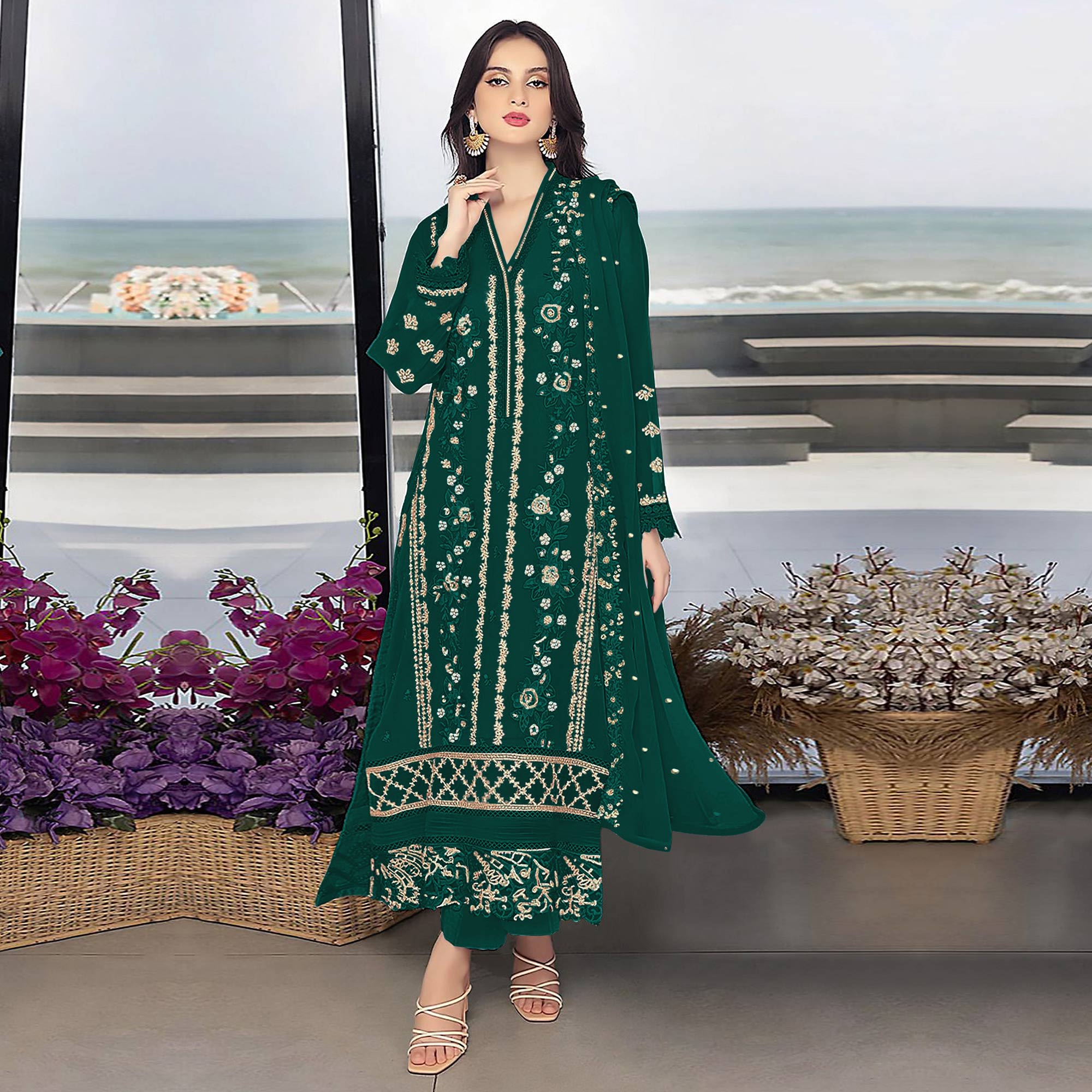 Rama Green Floral Embroidered Georgette Semi Stitched Pakistani Suit