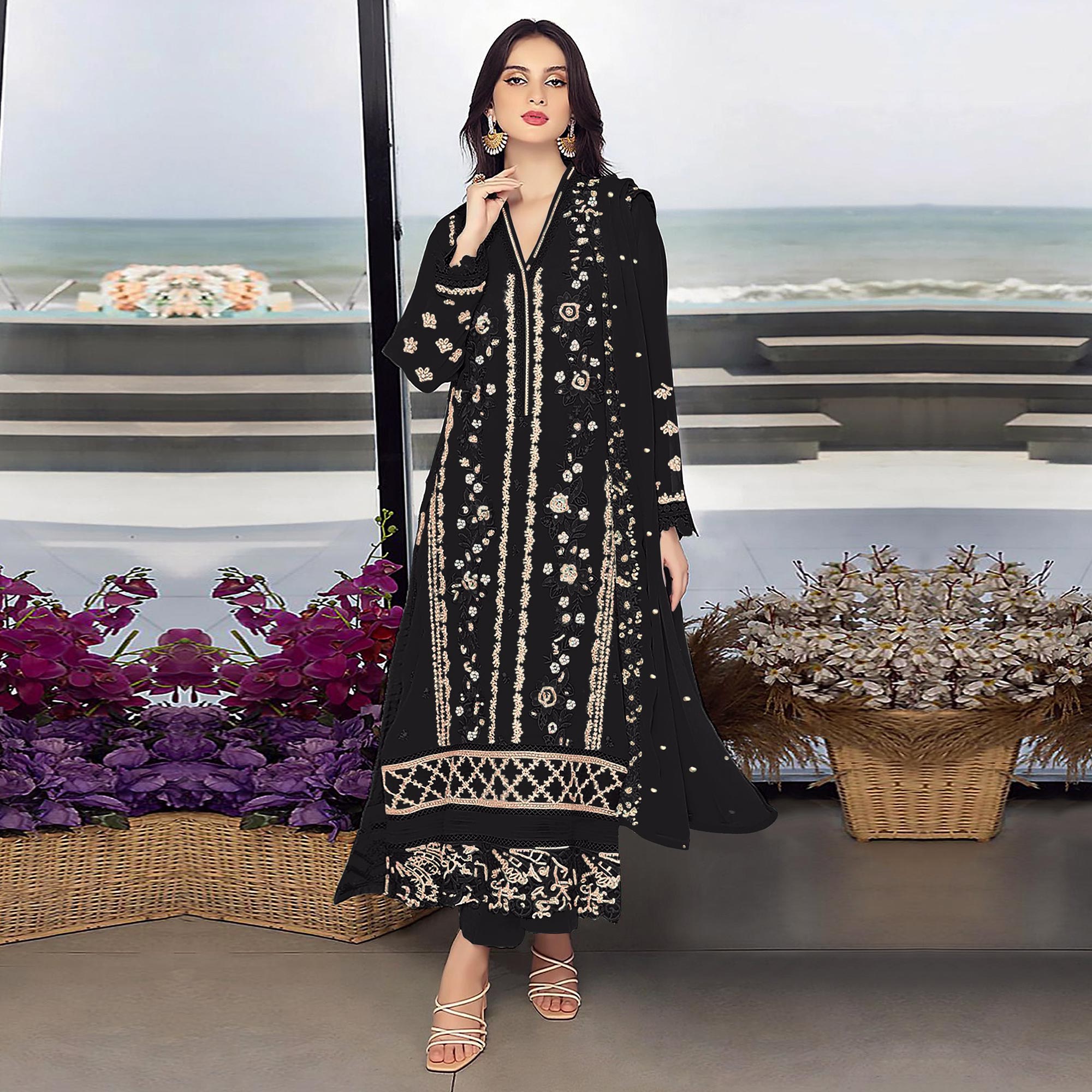 Black Floral Embroidered Georgette Semi Stitched Pakistani Suit