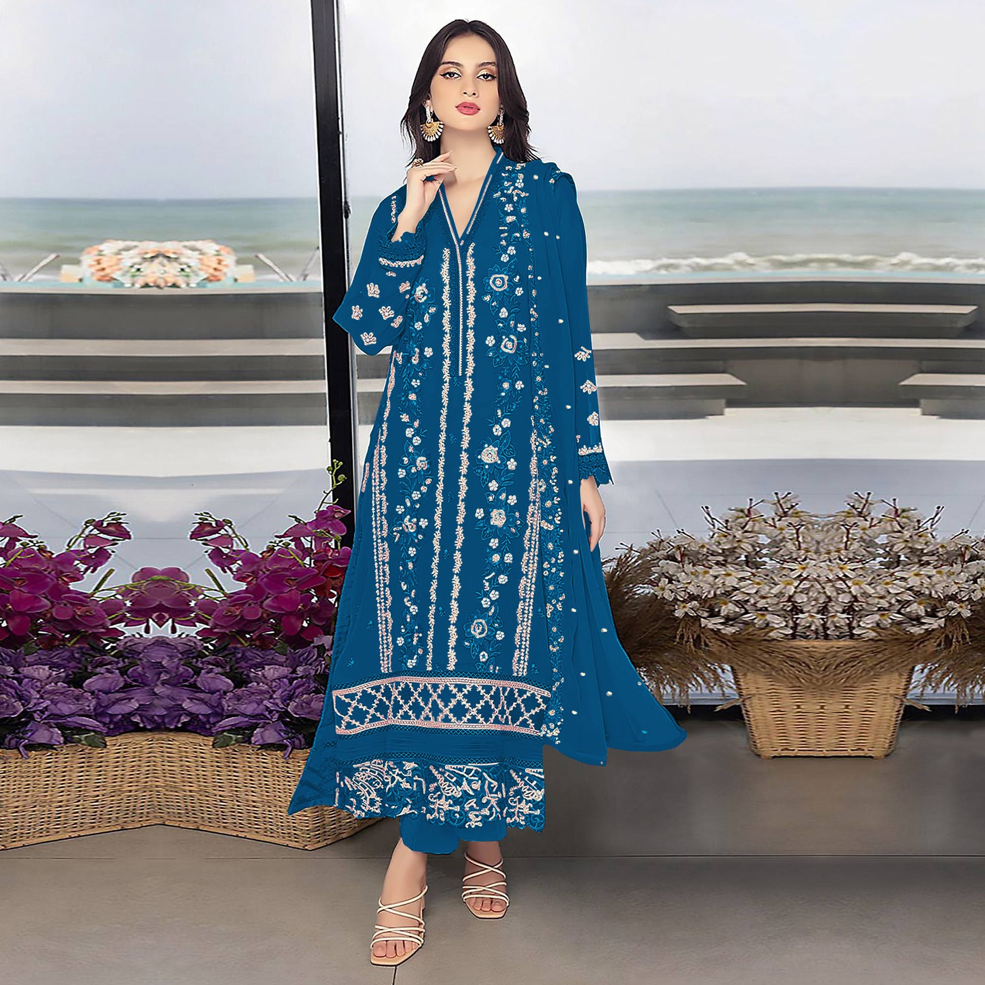 Blue Floral Embroidered Georgette Semi Stitched Pakistani Suit