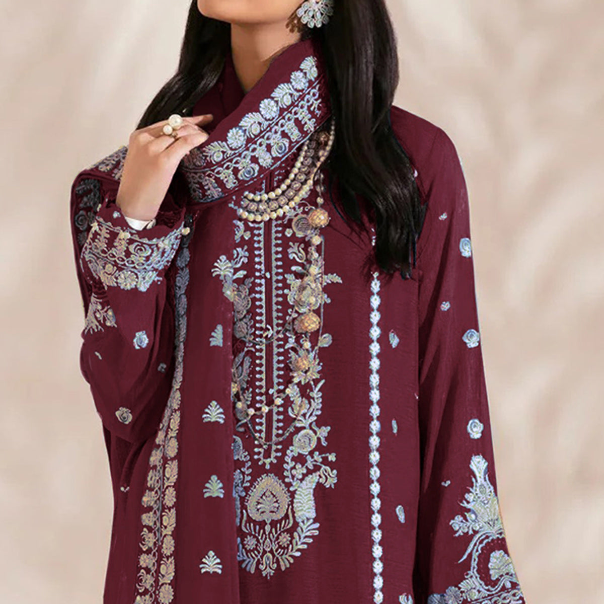 Brick Red Floral Embroidered Georgette Semi Stitched Pakistani Suit