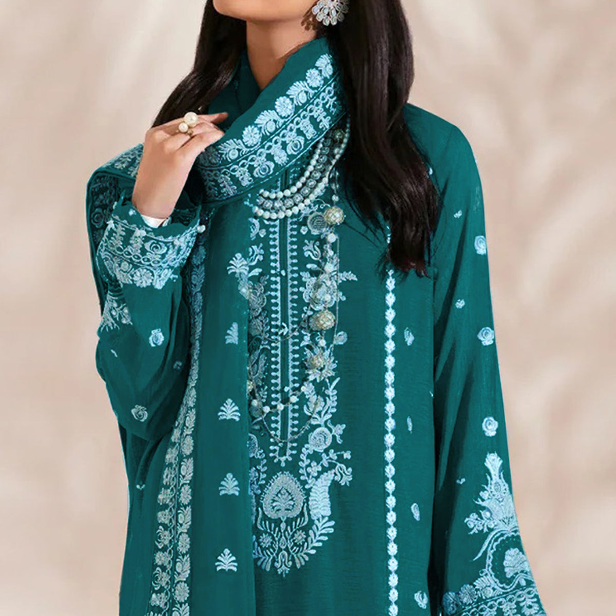 Teal Floral Embroidered Georgette Semi Stitched Pakistani Suit