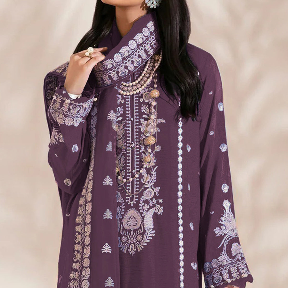 Purple Floral Embroidered Georgette Semi Stitched Pakistani Suit