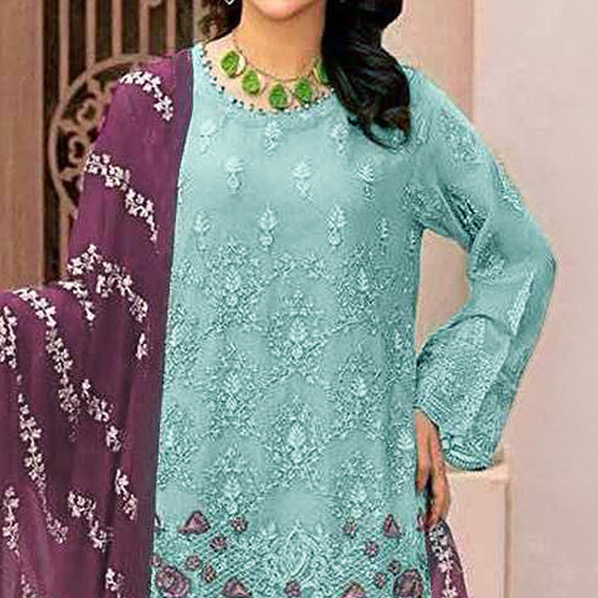 Blue Floral Embroidered Georgette Semi Stitched Pakistani Suit