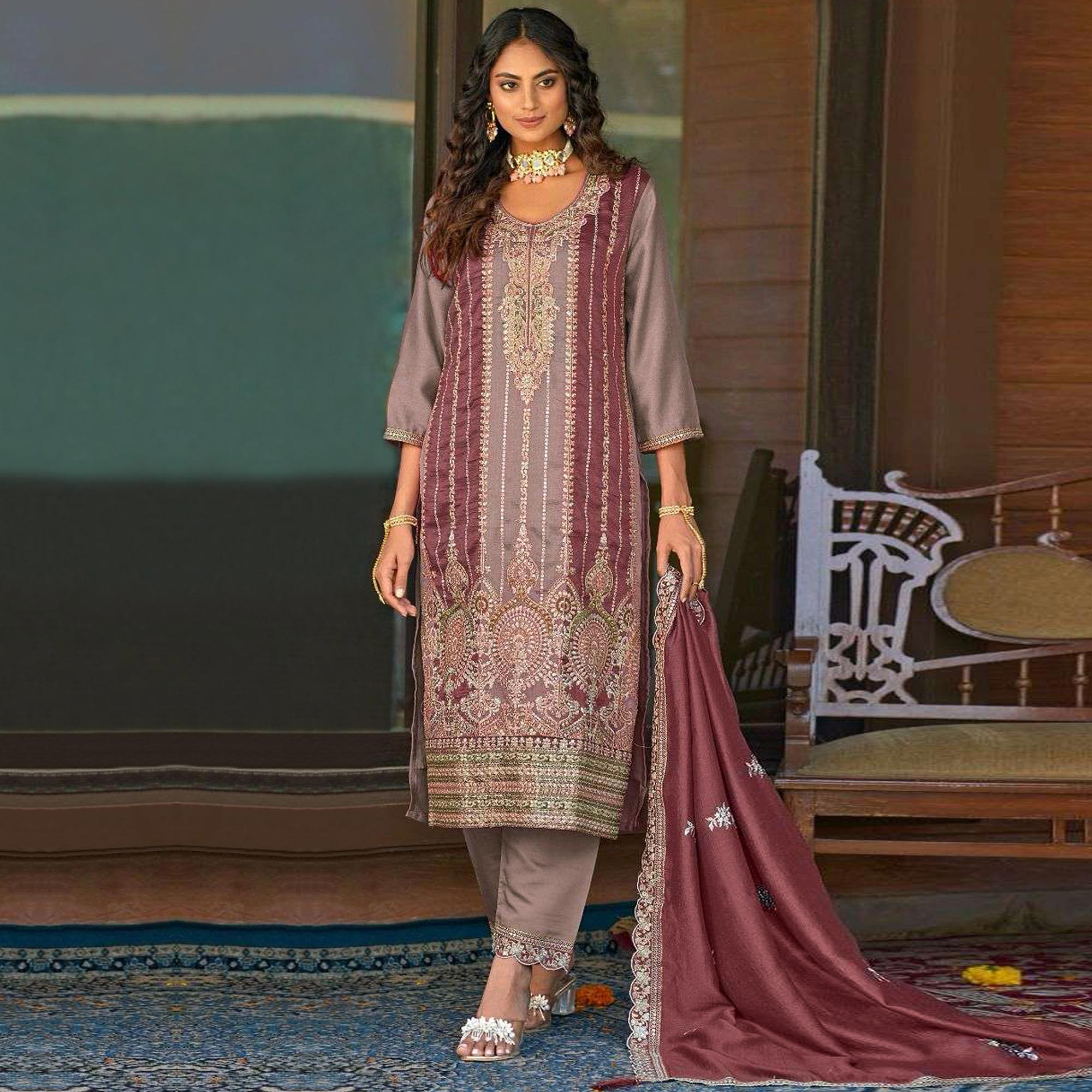 Mauve Floral Embroidered Vichitra Silk Semi Stitched Pakistani Suit