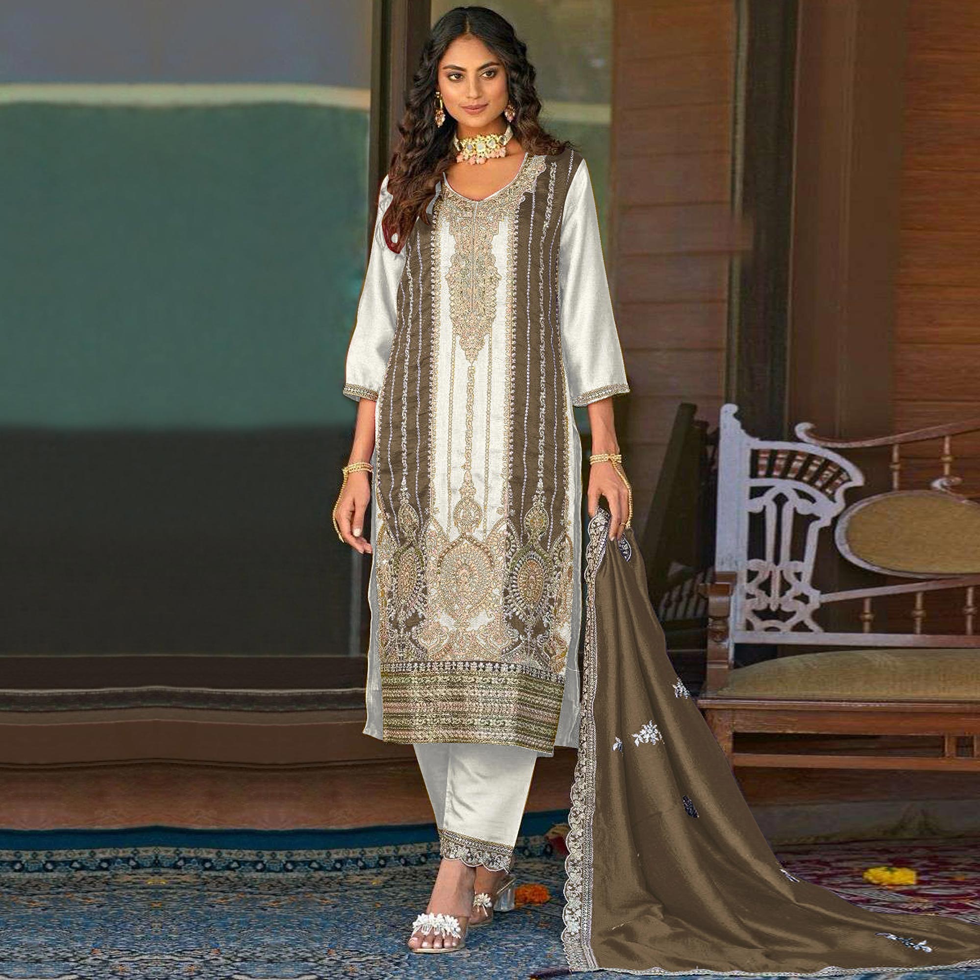 White Floral Embroidered Vichitra Silk Semi Stitched Pakistani Suit