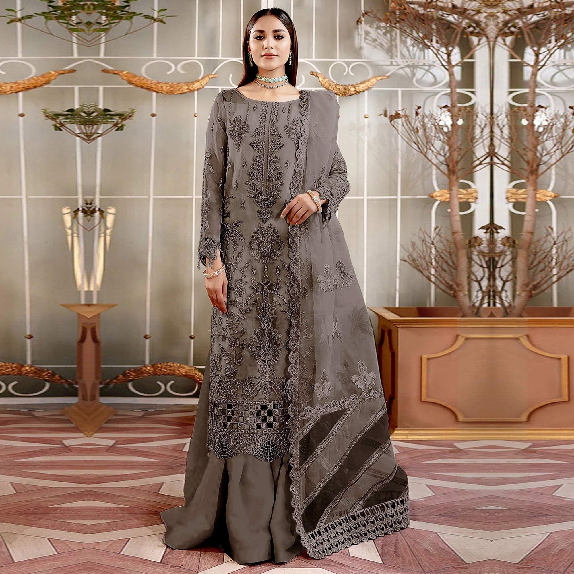 Grey Floral Sequins Embroidered Organza Semi Stitched Pakistani Suit