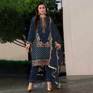 Blue Floral Sequins Embroidered Georgette Semi Stitched Pakistani Suit