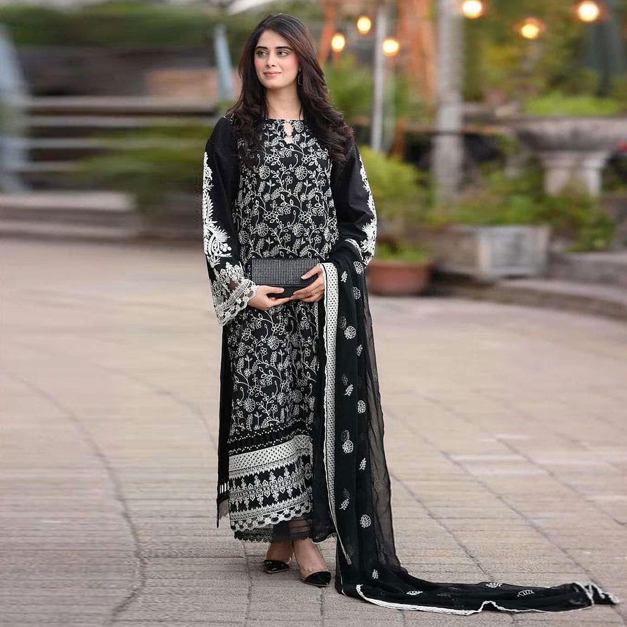 Black Floral Embroiderde Georgette Semi Stitched Pakistani Suit