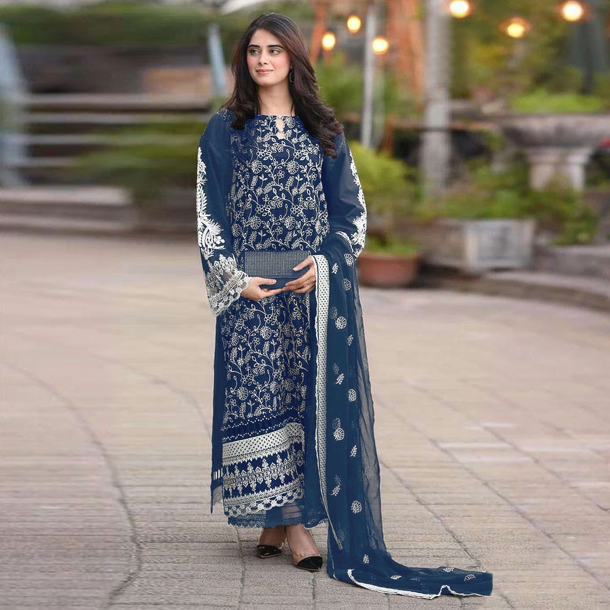 Blue Floral Embroidered Georgette Semi Stitched Pakistani Suit