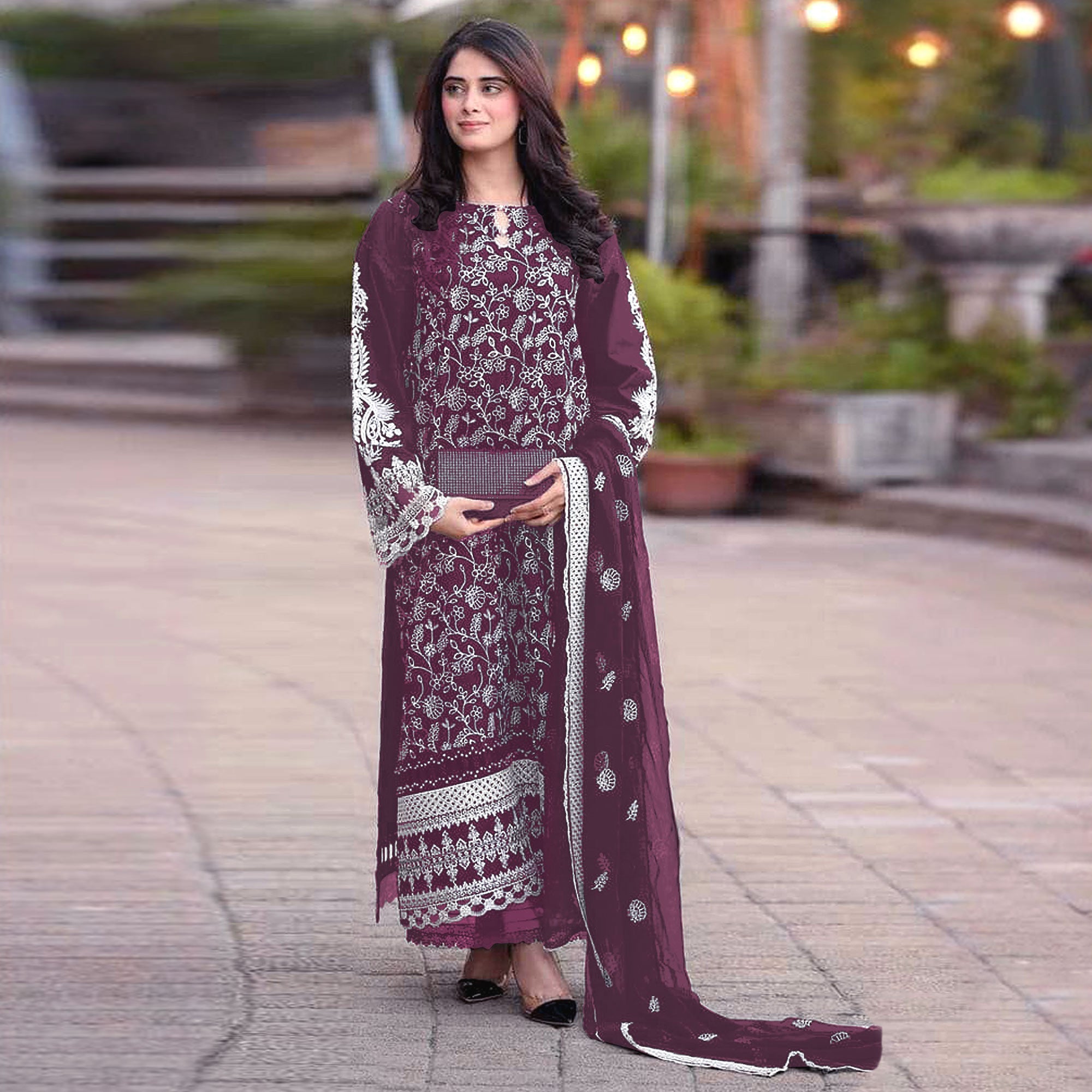 Wine Floral Embroidered Georgette Semi Stitched Pakistani Suit