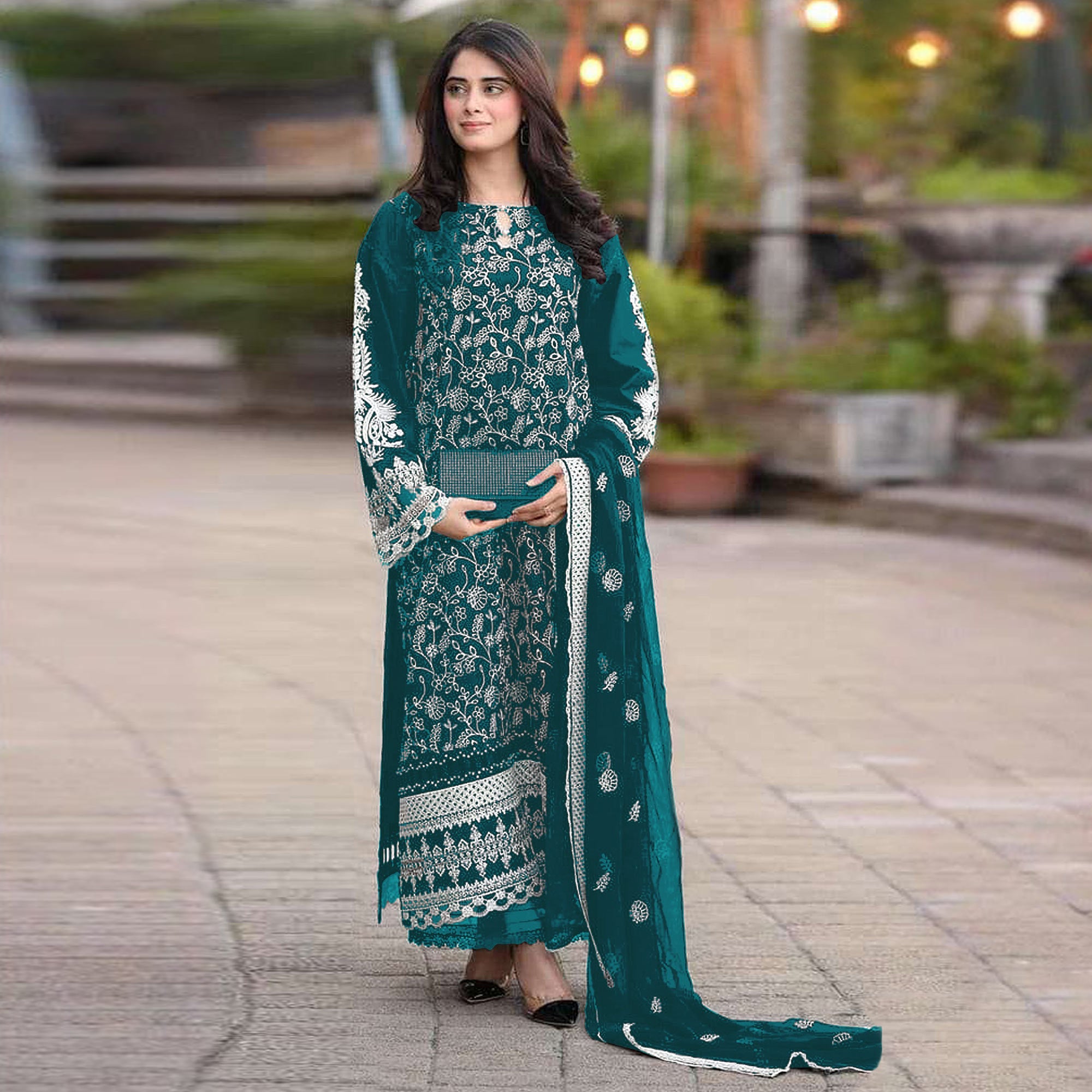 Teal Floral Embroidered Georgette Semi Stitched Pakistani Suit