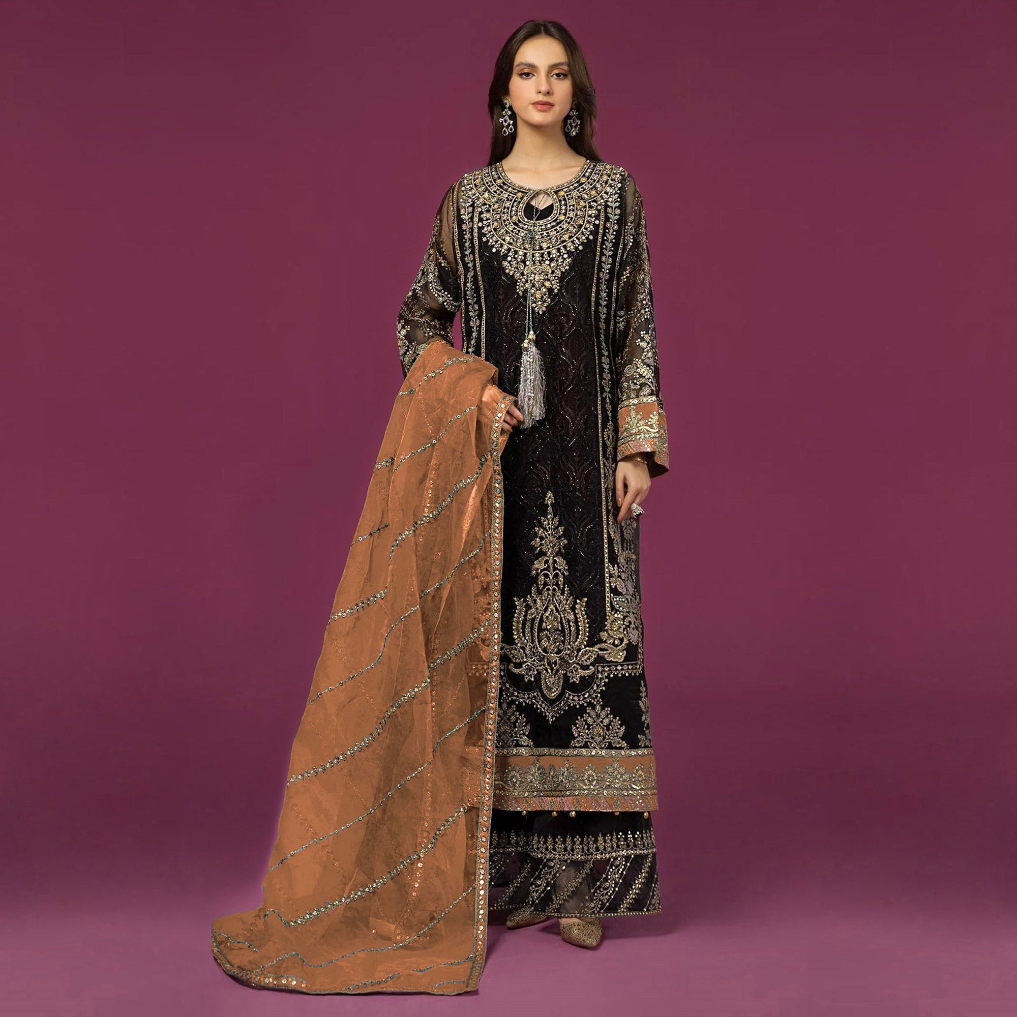 Black & Brown Embroidered Georgette Semi Stitched Pakistani Suit