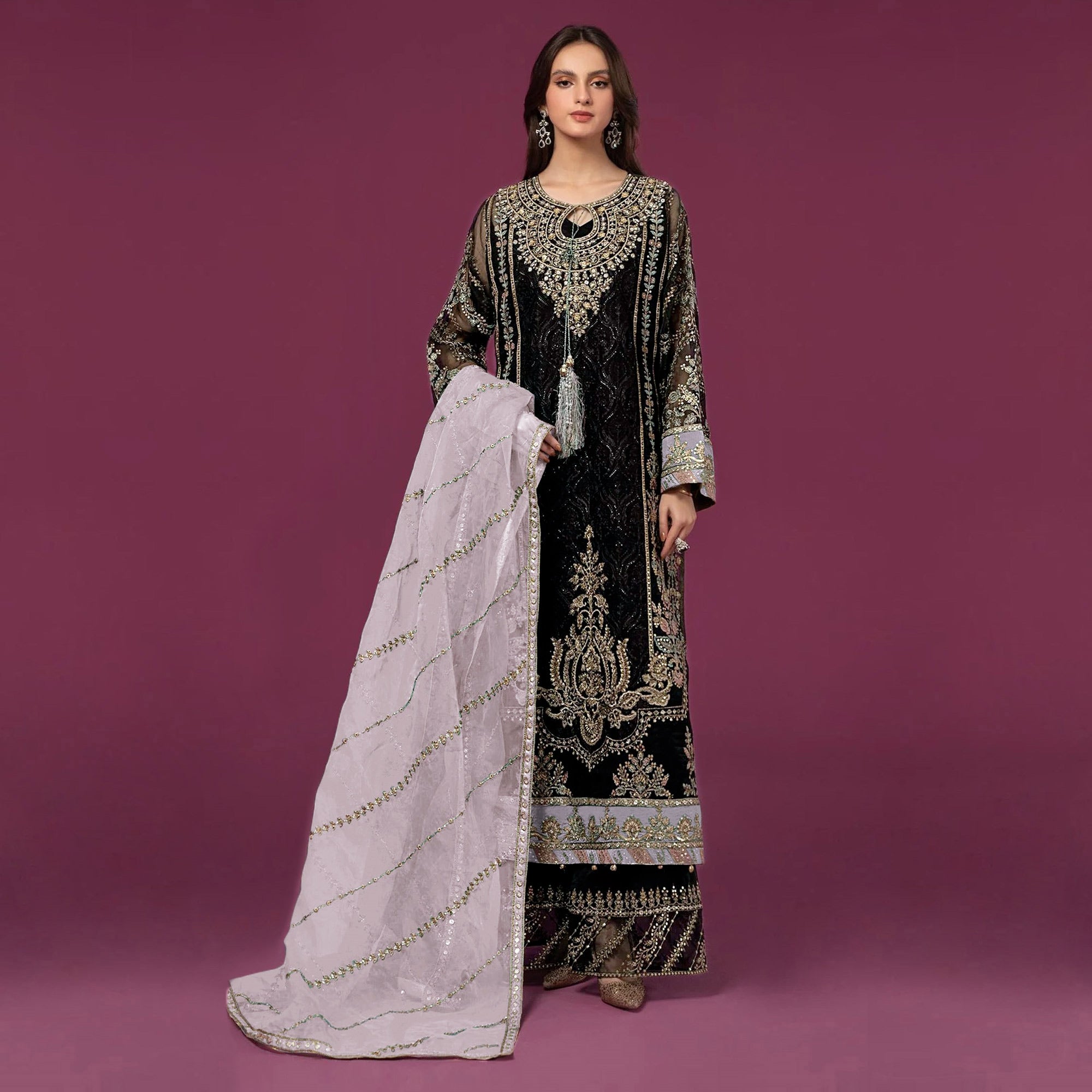 Black & Lavender Embroidered Georgette Semi Stitched Pakistani Suit
