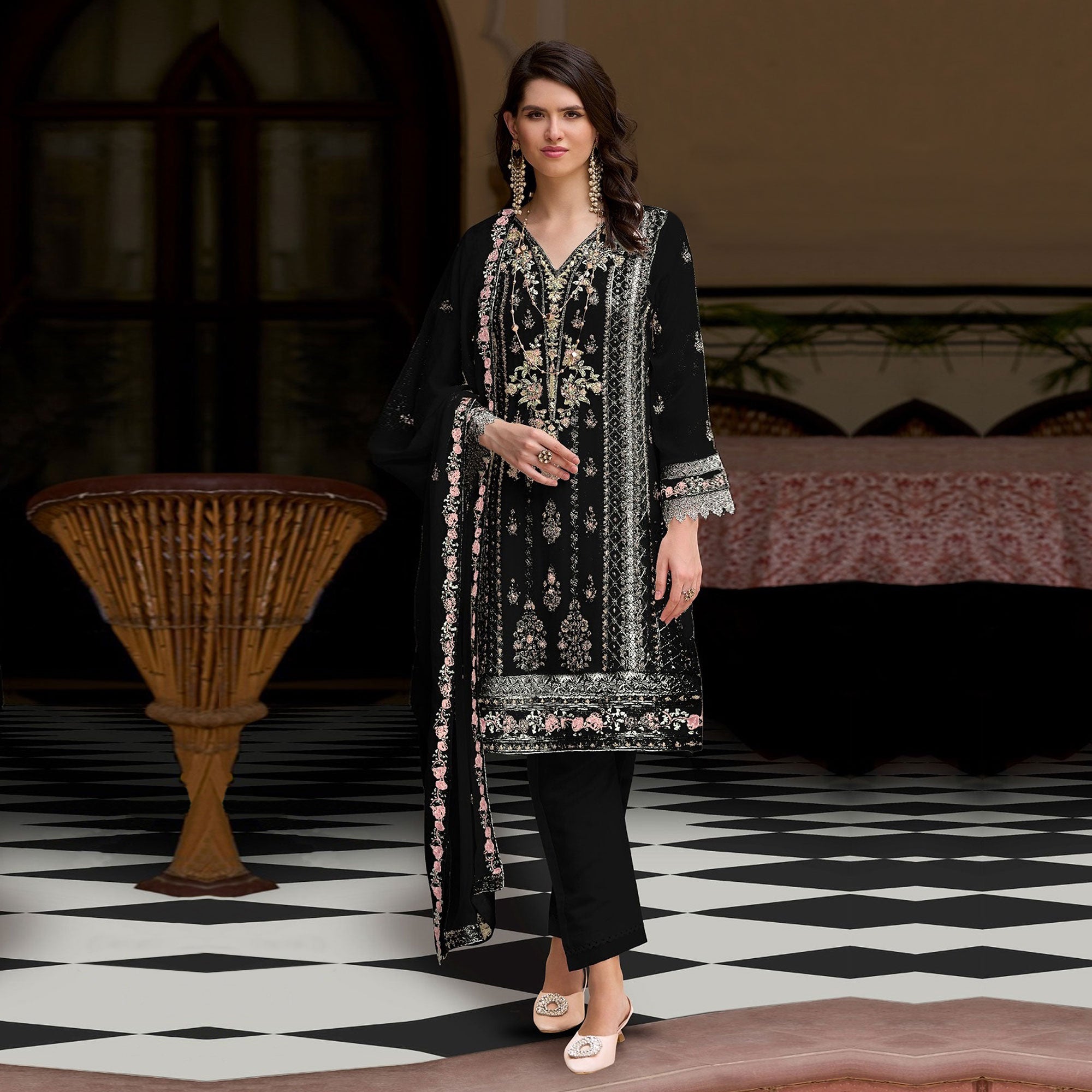 Black Floral Sequins Embroidered Georgette Semi Stitched Pakistani Suit