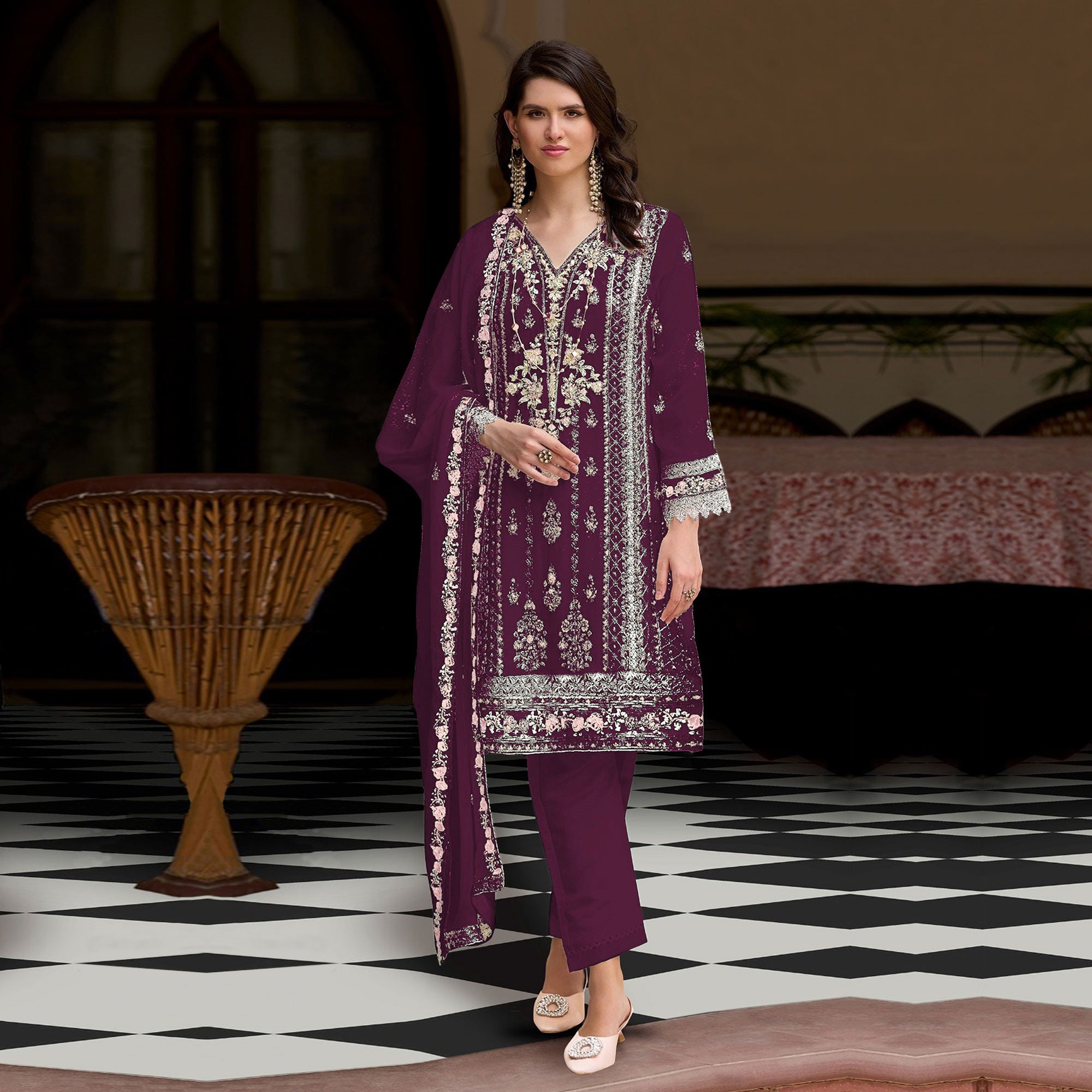 Wine Floral Sequins Embroidered Georgette Semi Stitched Pakistani Suit