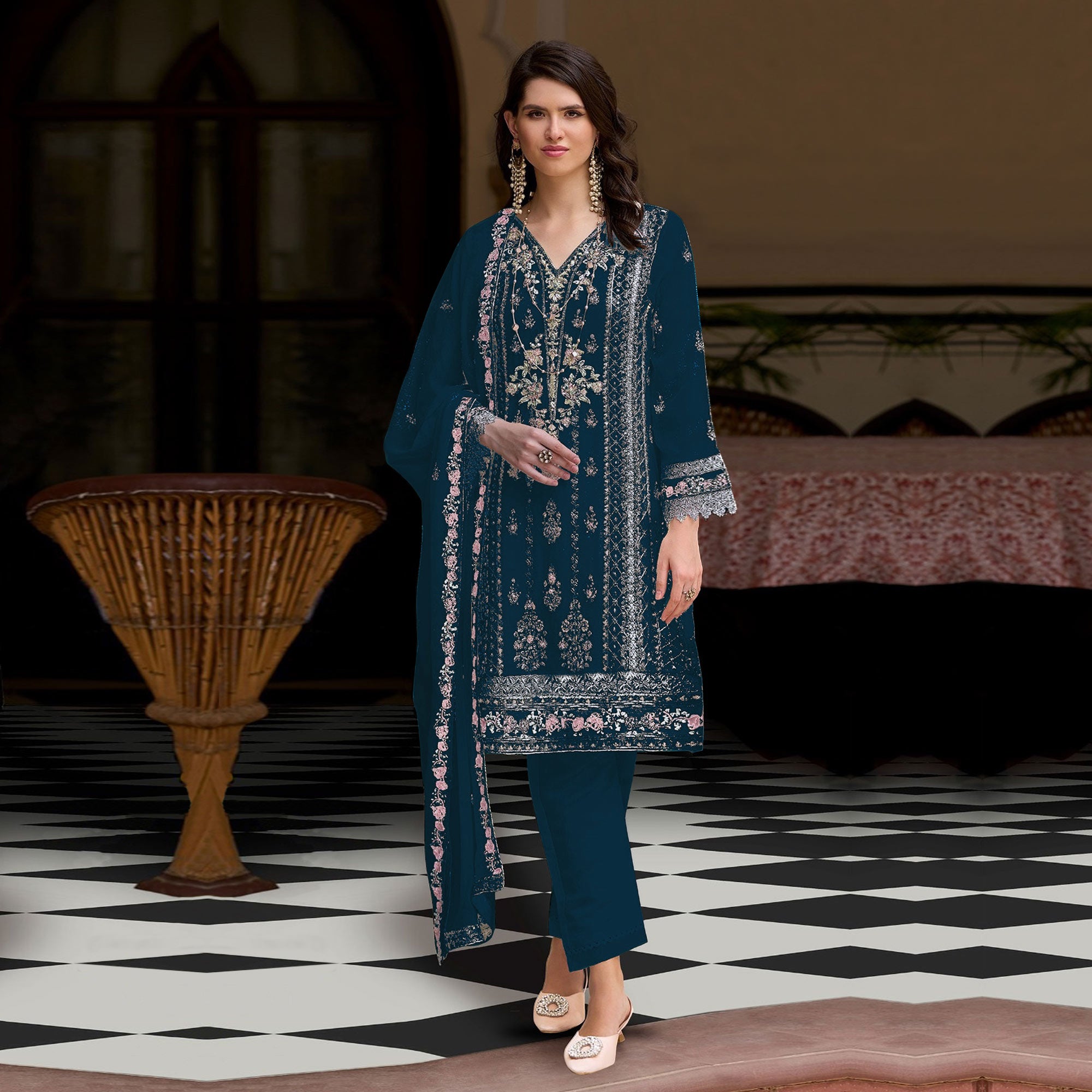 Moprich Floral Sequins Embroidered Georgette Semi Stitched Pakistani Suit