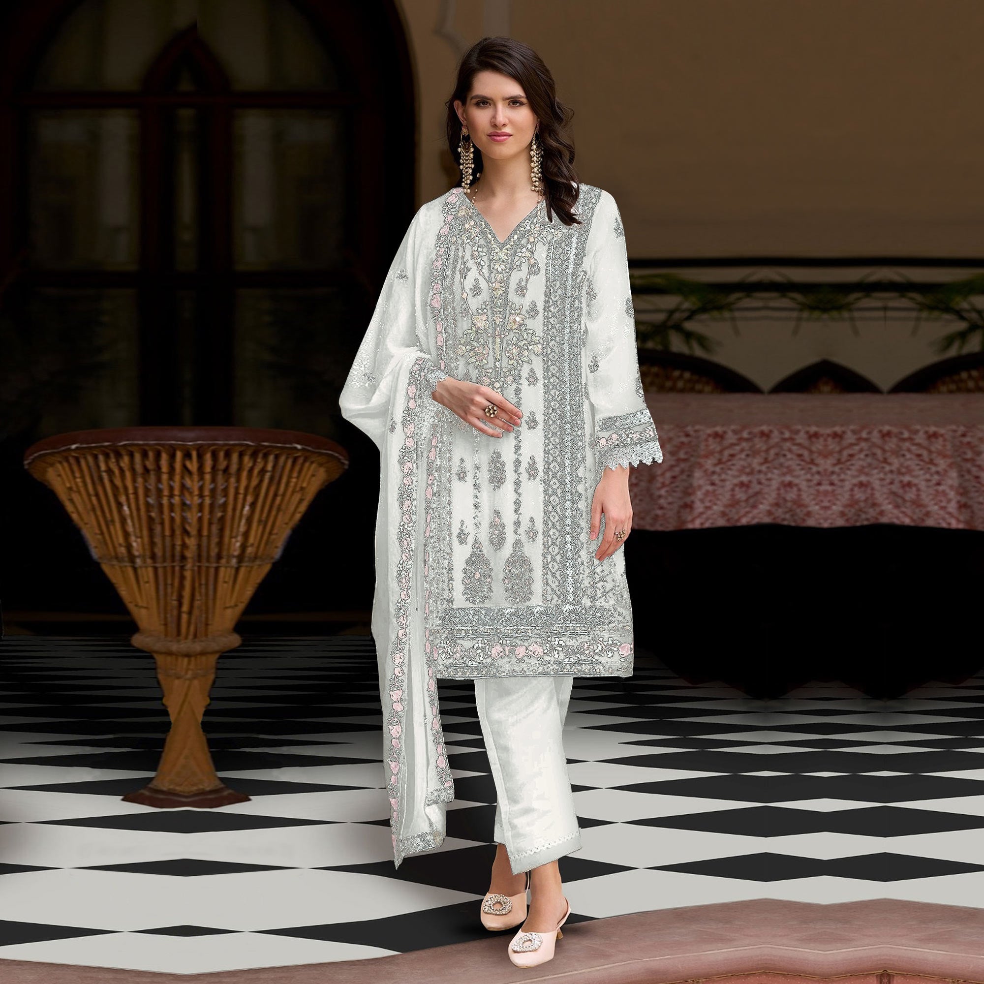 White Floral Sequins Embroidered Georgette Semi Stitched Pakistani Suit