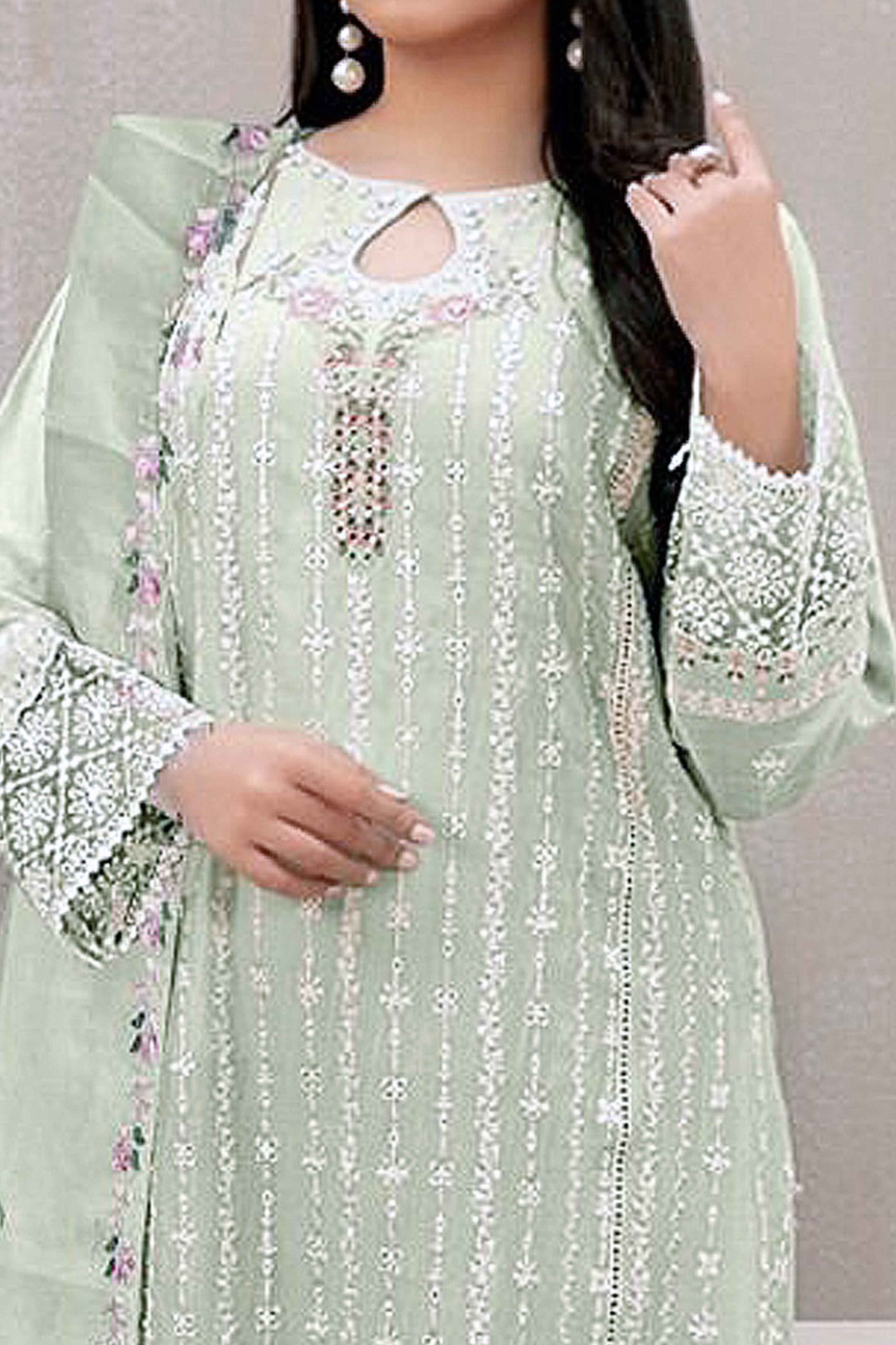 Green Floral Embroidered Georgette Semi Stitched Pakistani Suit