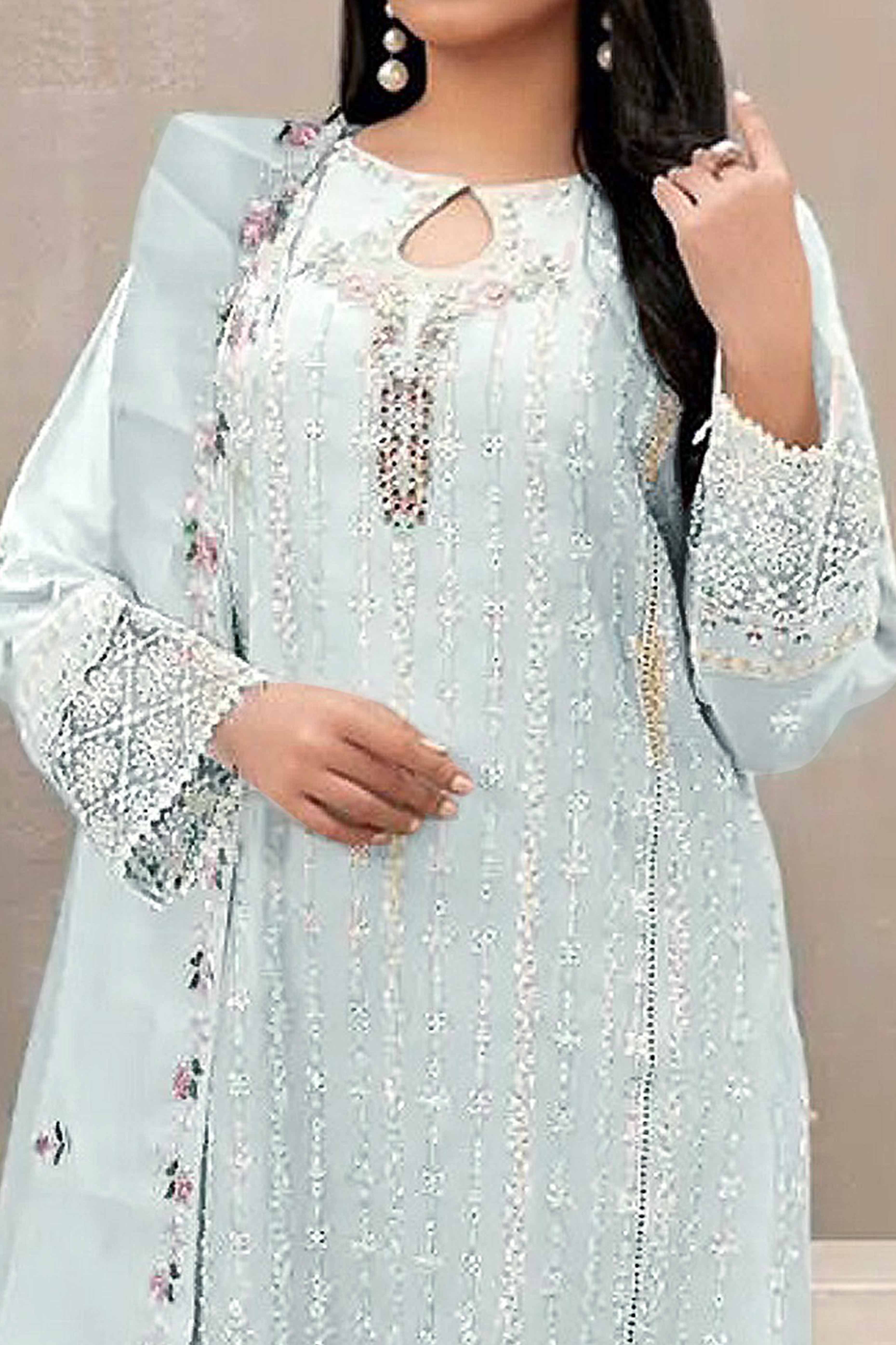 Sky Blue Floral Embroidered Georgette Semi Stitched Pakistani Suit