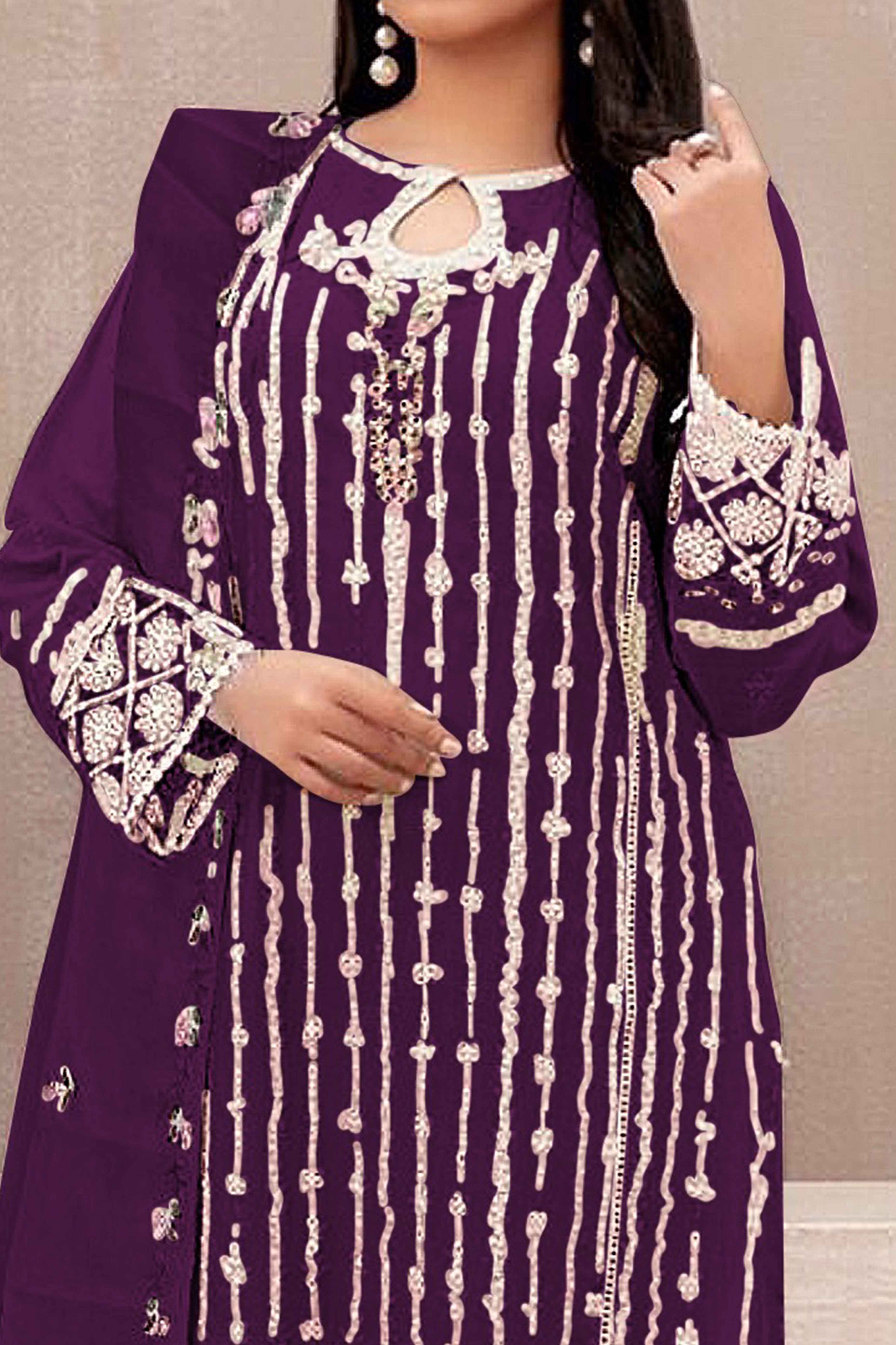 Dark Purple Floral Embroidered Georgette Semi Stitched Pakistani Suit