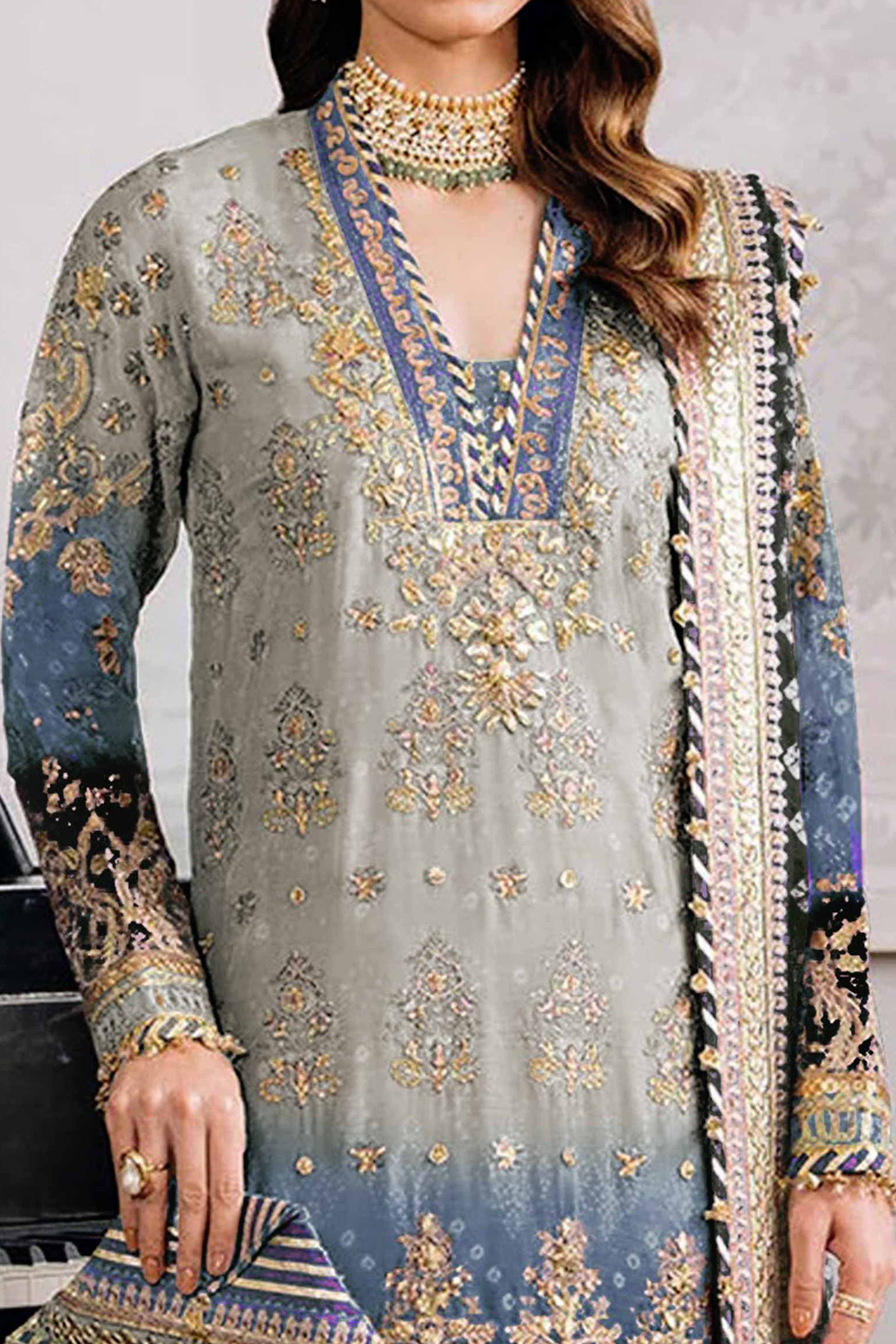 Grey Digital Print With Sequins Embroidery Georgette Semi Stitched Pakistani Suit