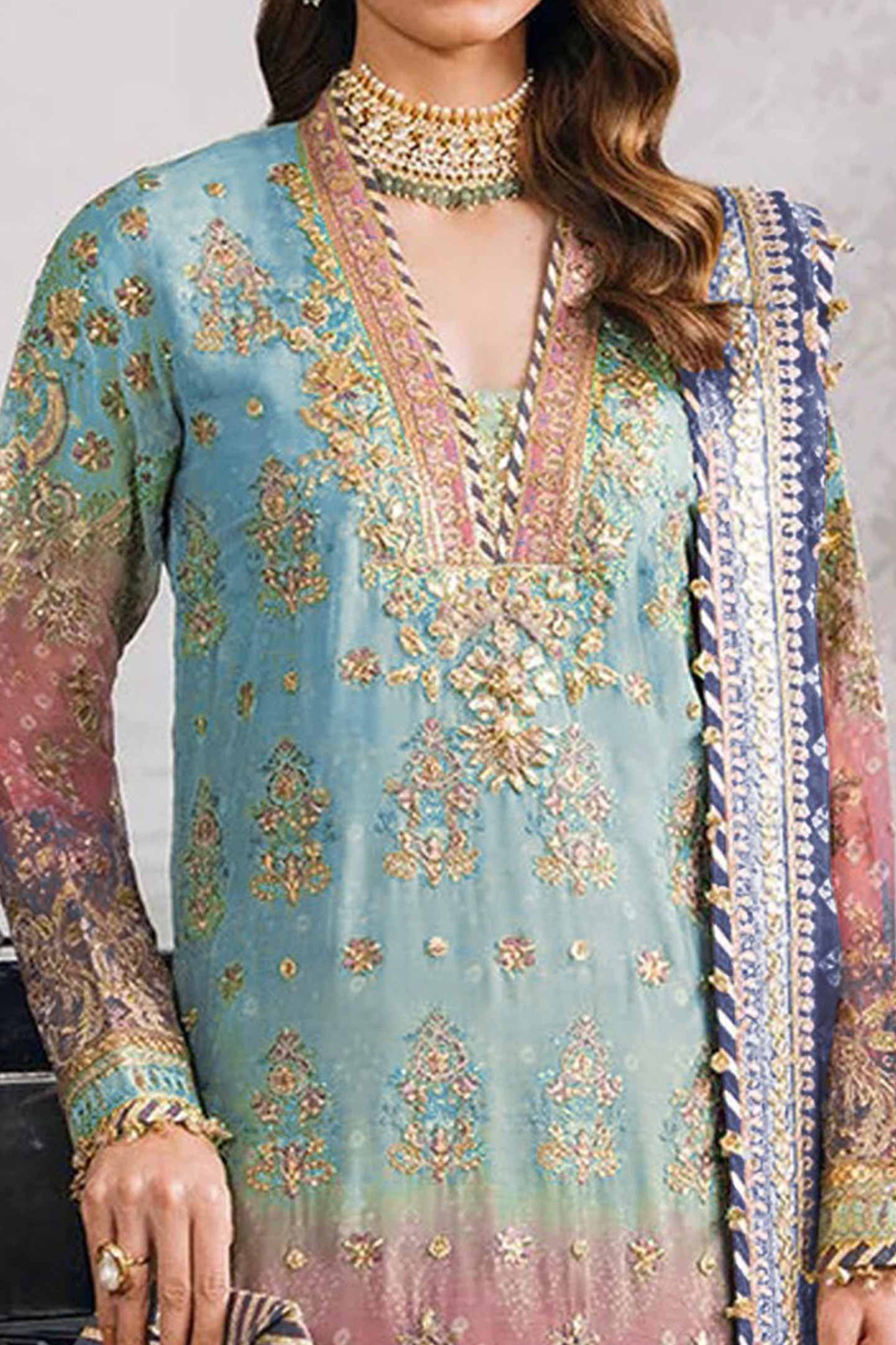 Sky Blue Digital Print With Sequins Embroidery Georgette Semi Stitched Pakistani Suit