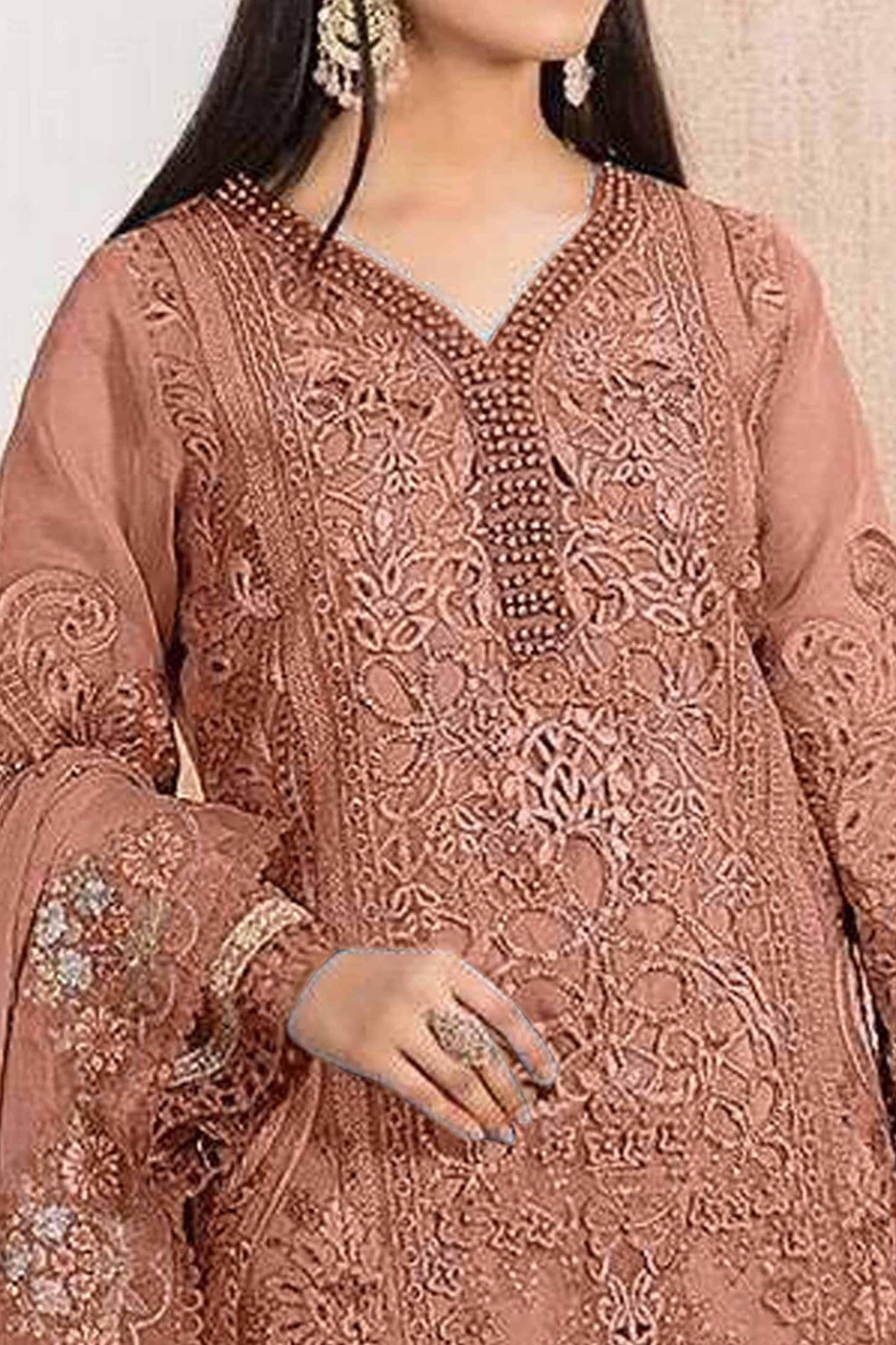 Peach Floral Sequins Embroidery With Motiwork Organza Semi Stitched Pakistani Suit