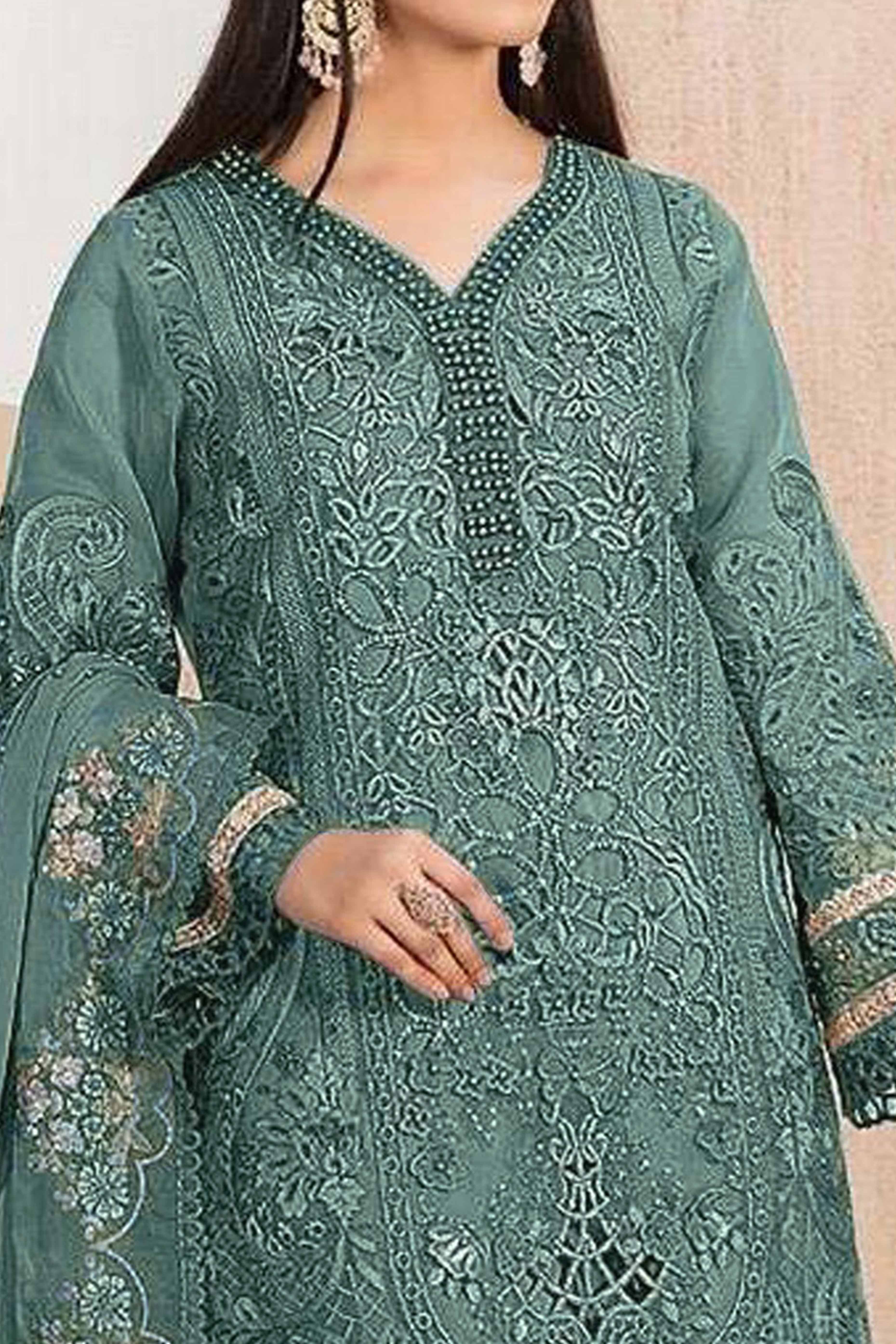 Green Floral Sequins Embroidery With Motiwork Organza Semi Stitched Pakistani Suit