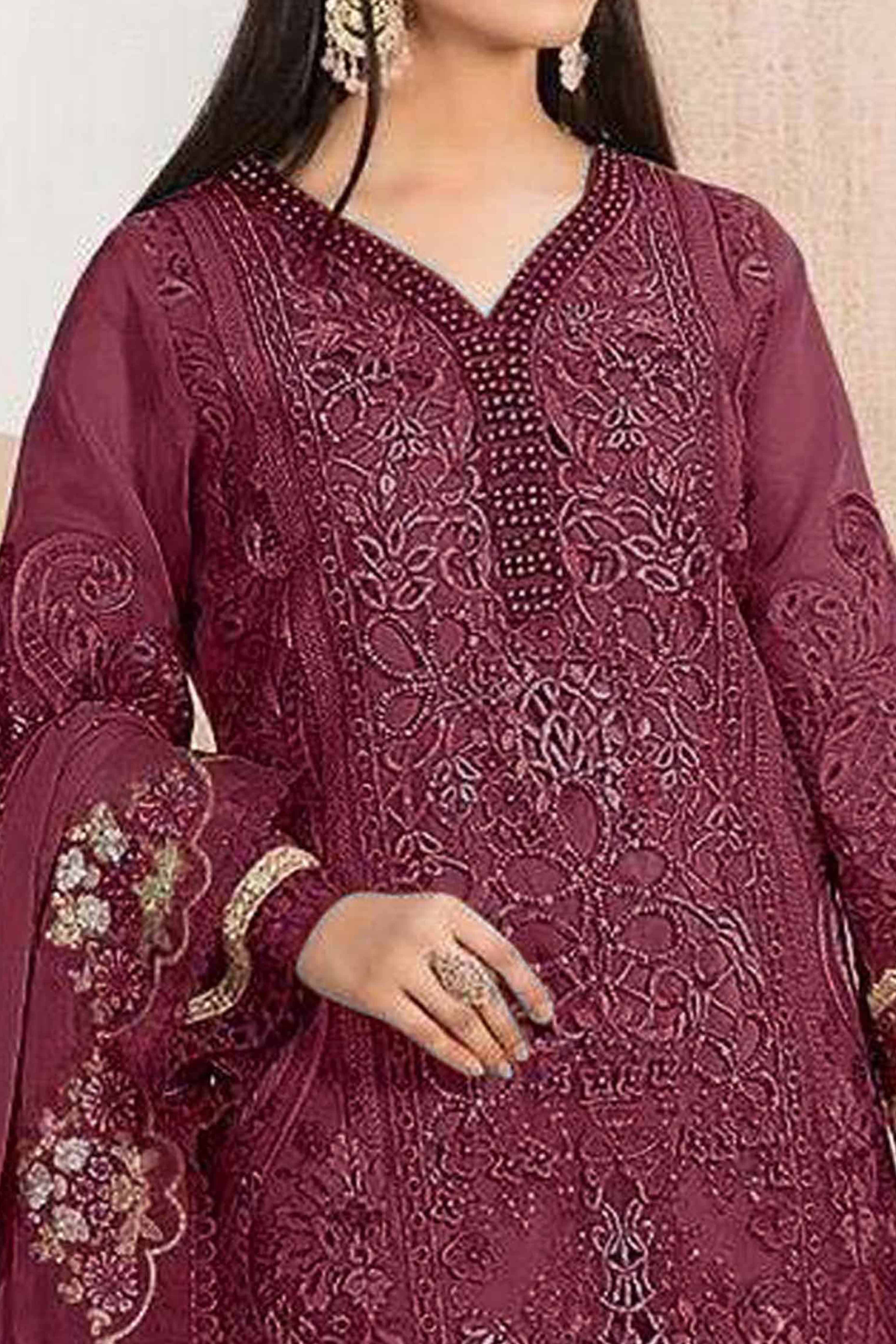 Wine Floral Sequins Embroidery With Motiwork Organza Semi Stitched Pakistani Suit