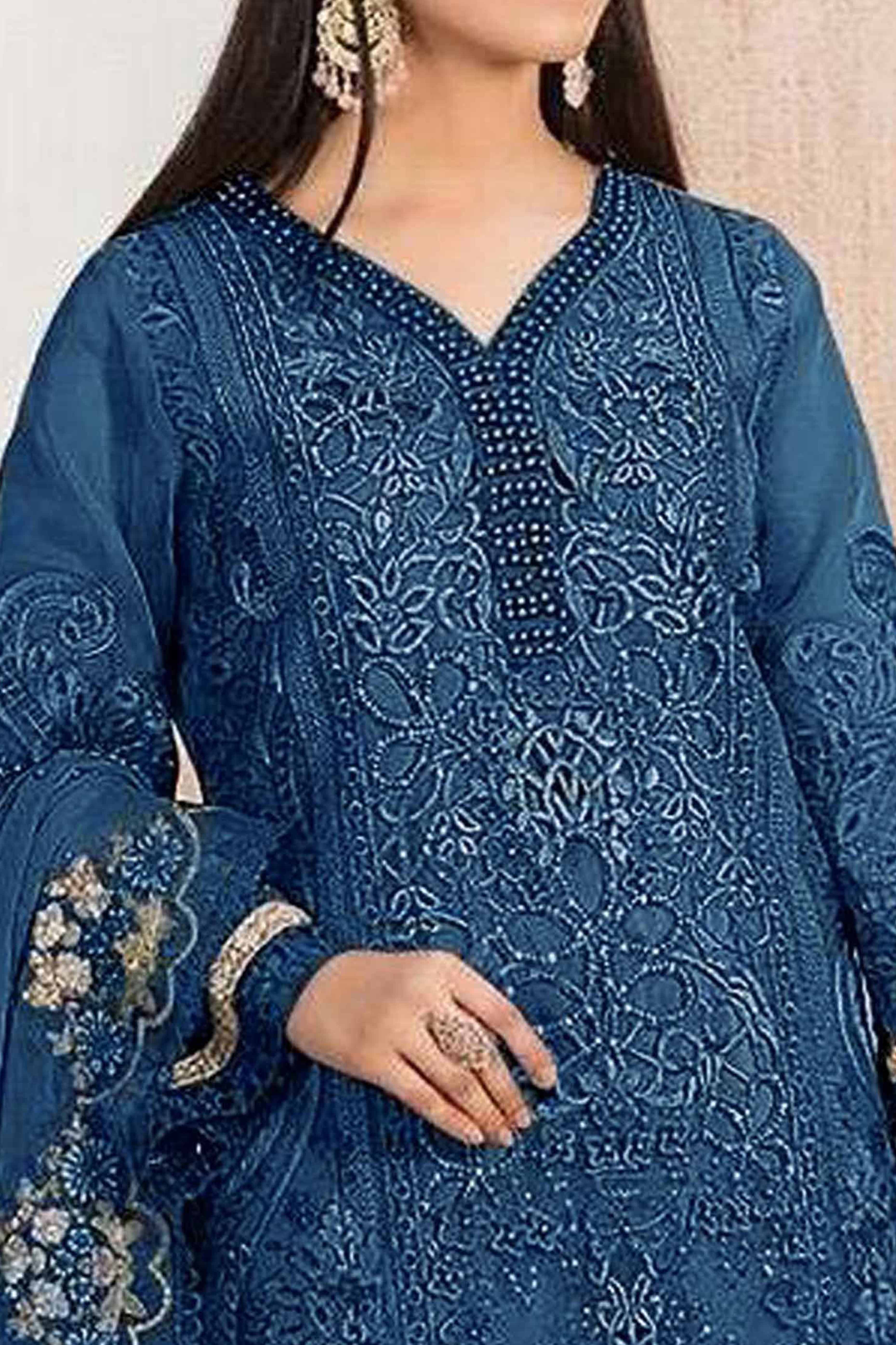 Blue Floral Sequins Embroidery With Motiwork Organza Semi Stitched Pakistani Suit