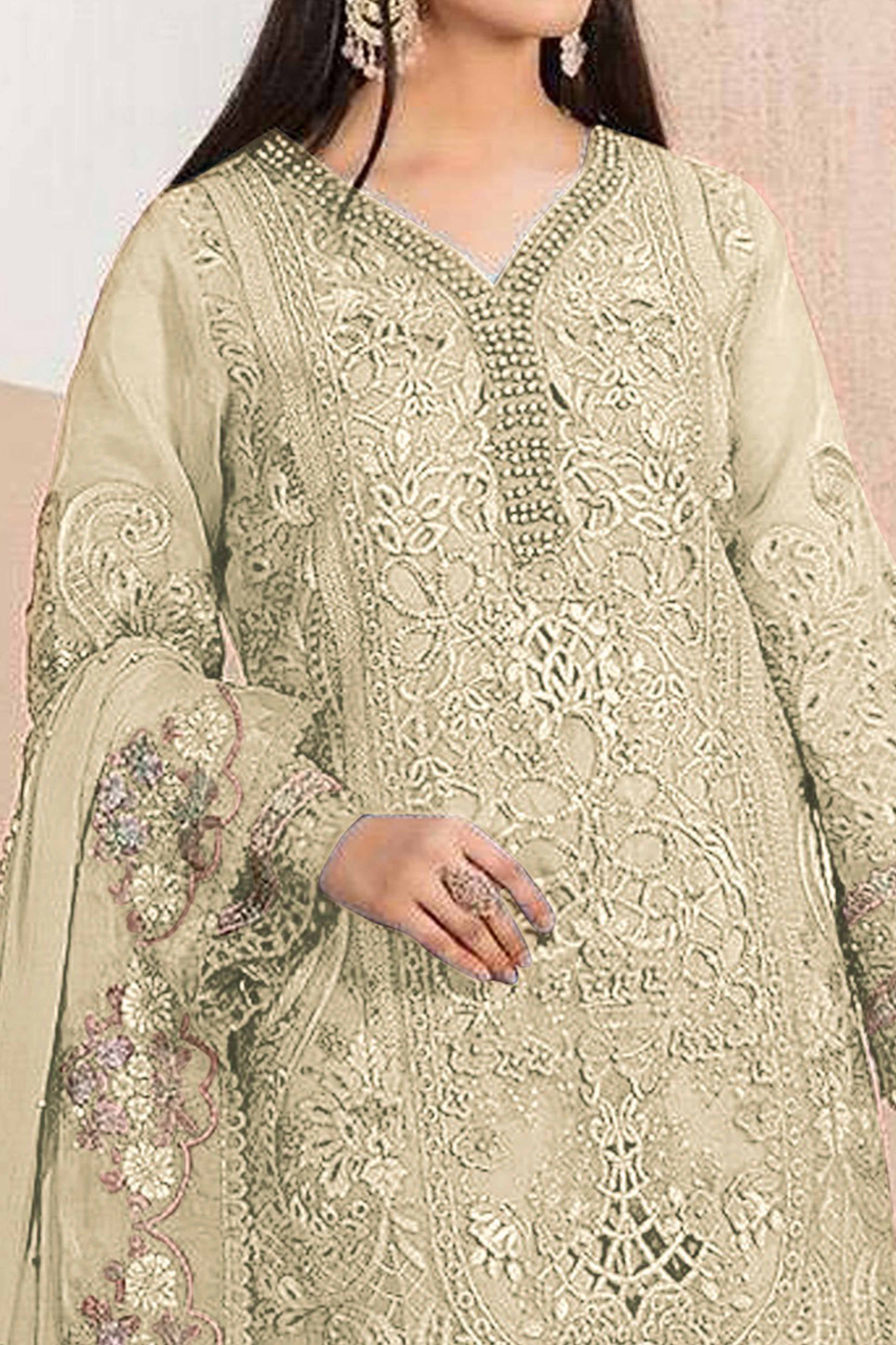 Cream Floral Sequins Embroidery With Motiwork Organza Semi Stitched Pakistani Suit