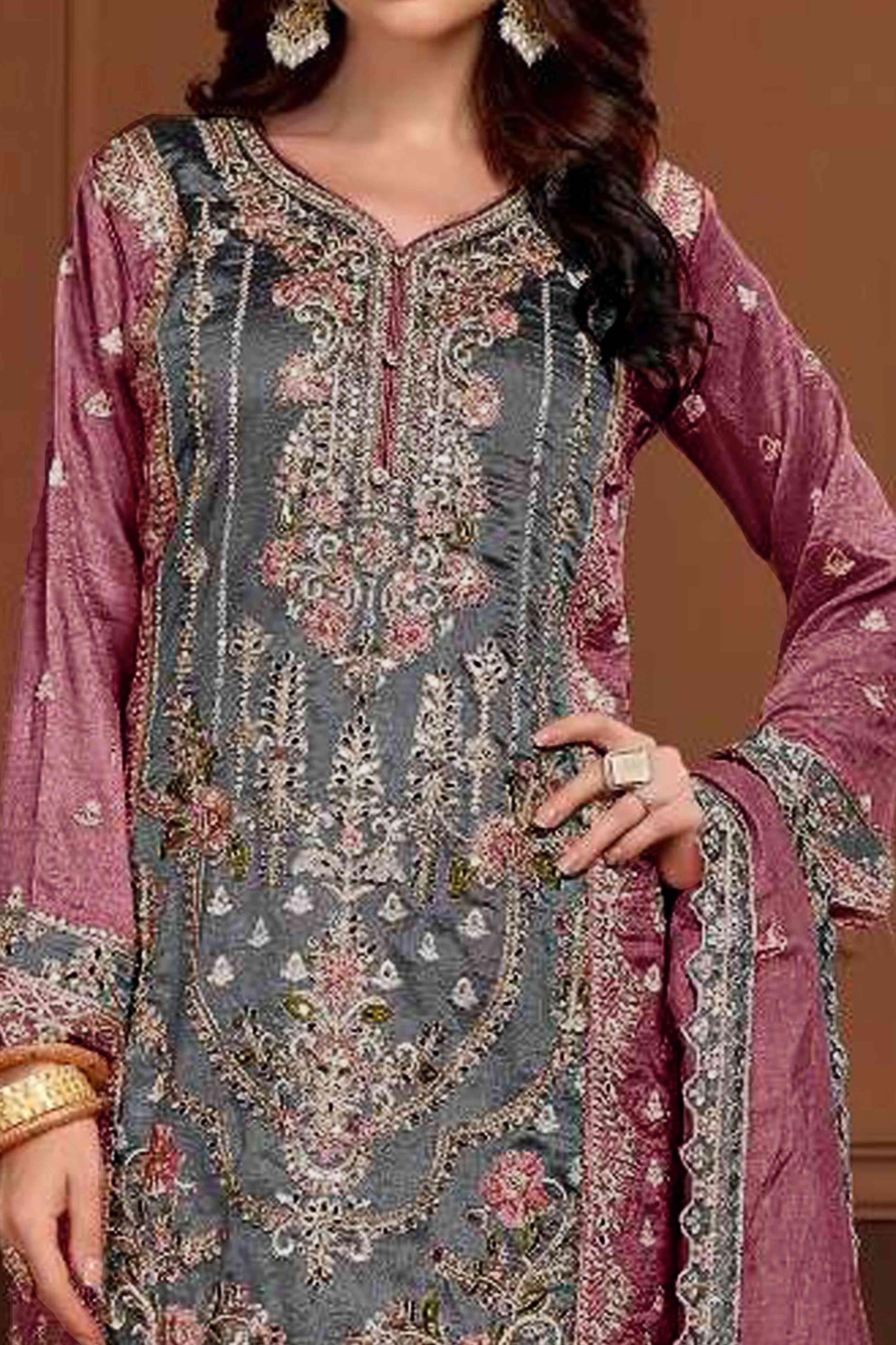 Grey & Mauve Floral Sequins Embroidery Vichitra Silk Semi Stitched Pakistani Suit