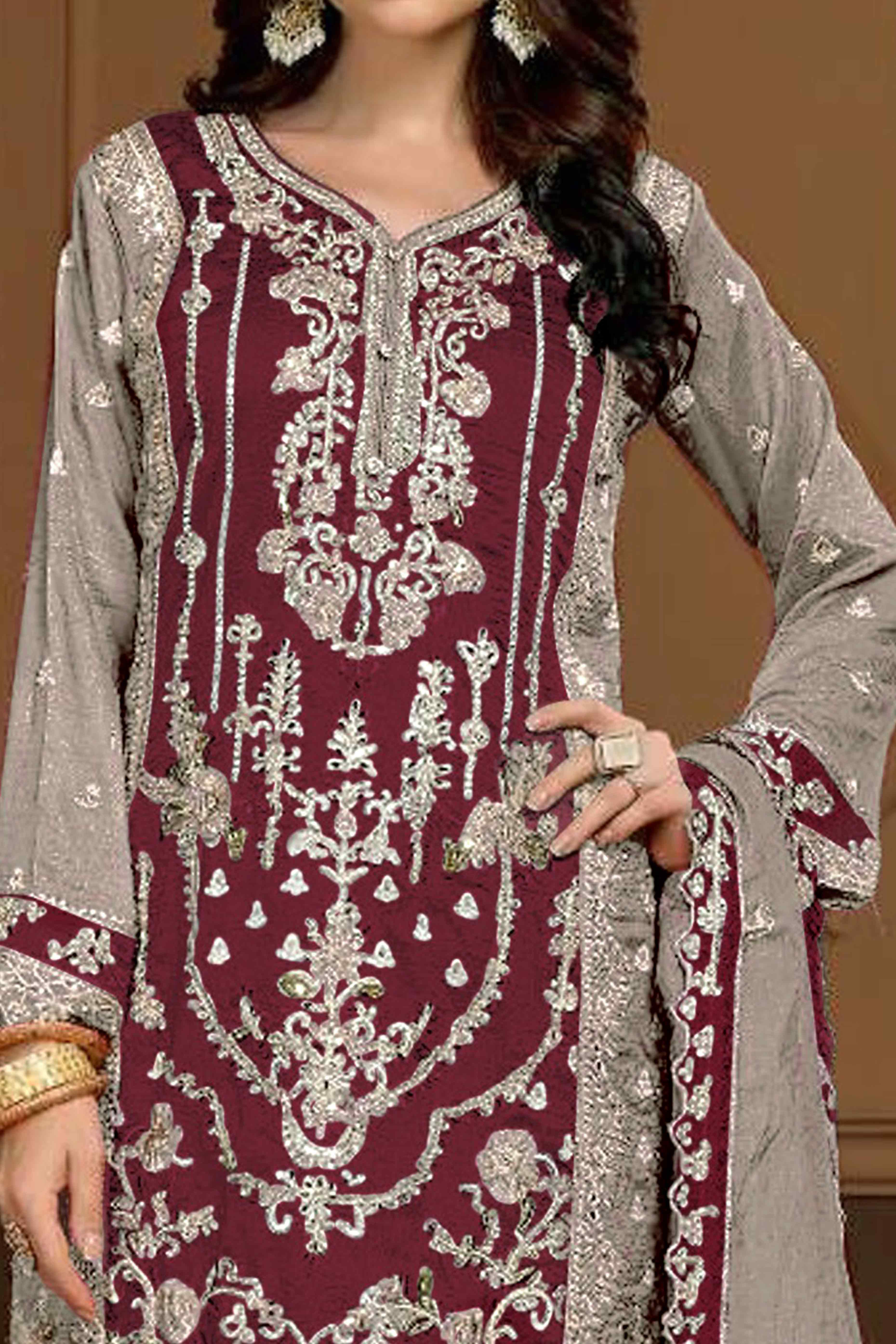 Wine & Grey Floral Sequins Embroidery Vichitra Silk Semi Stitched Pakistani Suit