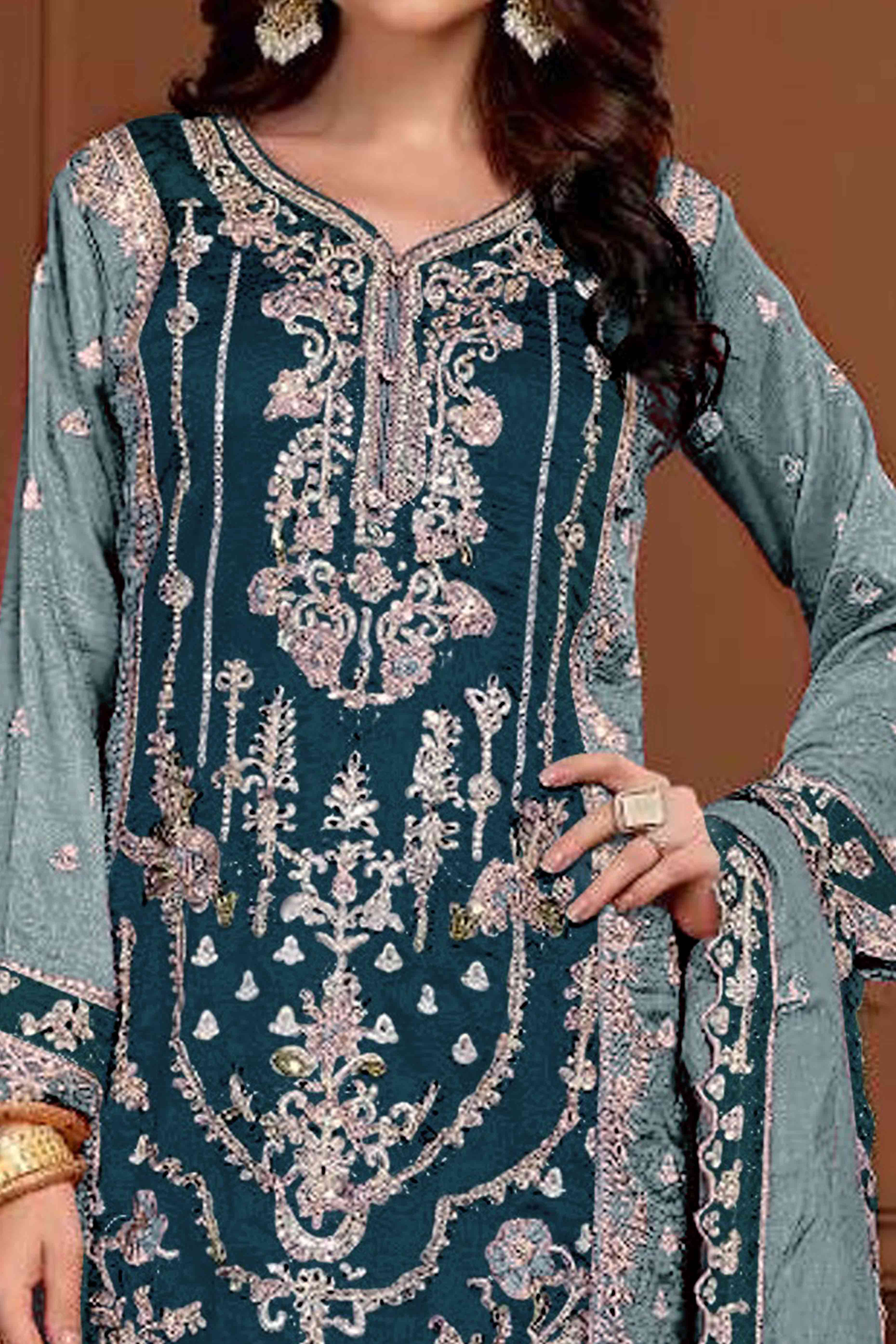 Morpich Blue Floral Sequins Embroidery Vichitra Silk Semi Stitched Pakistani Suit