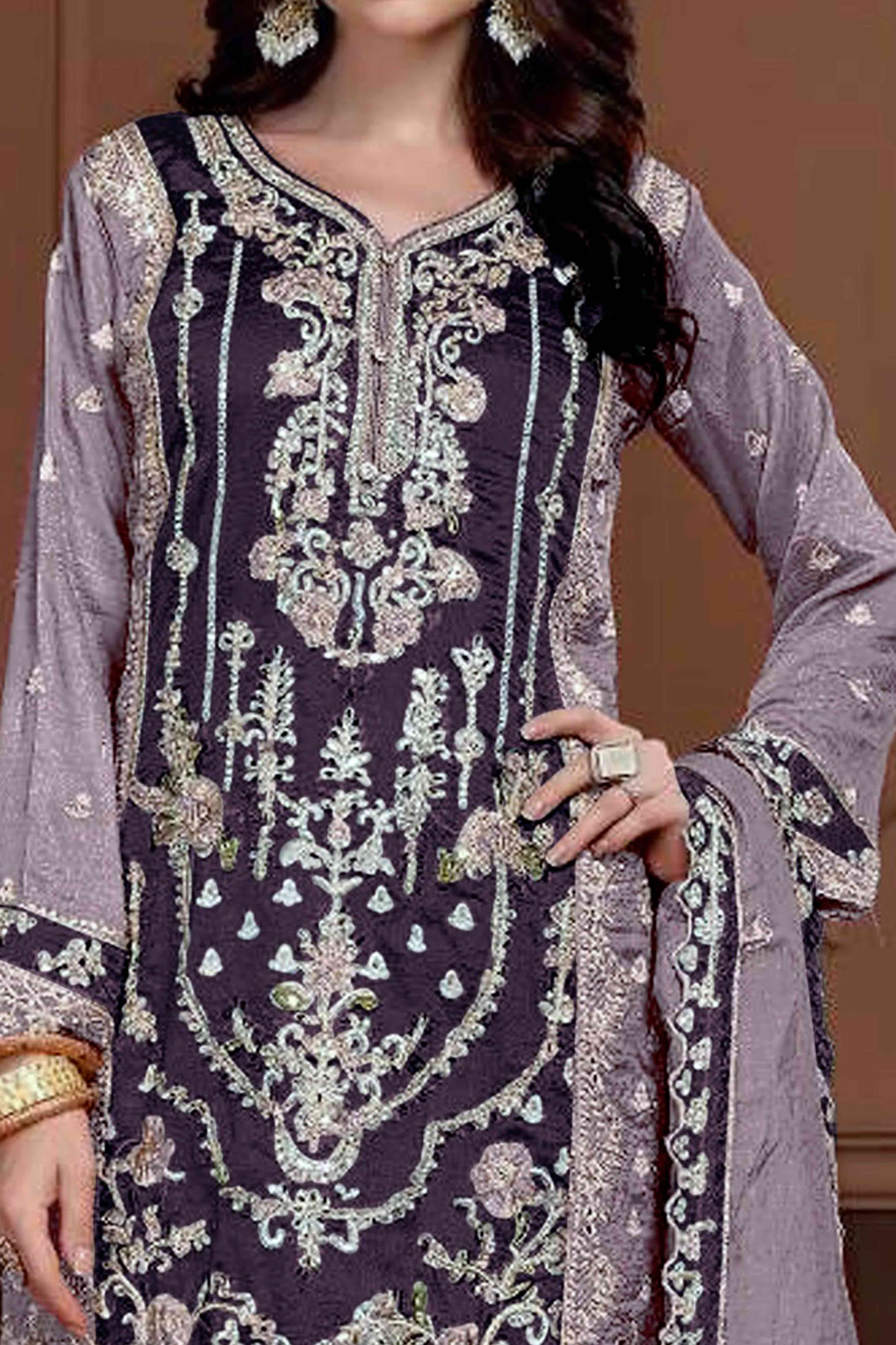 Purple Floral Sequins Embroidery Vichitra Silk Semi Stitched Pakistani Suit