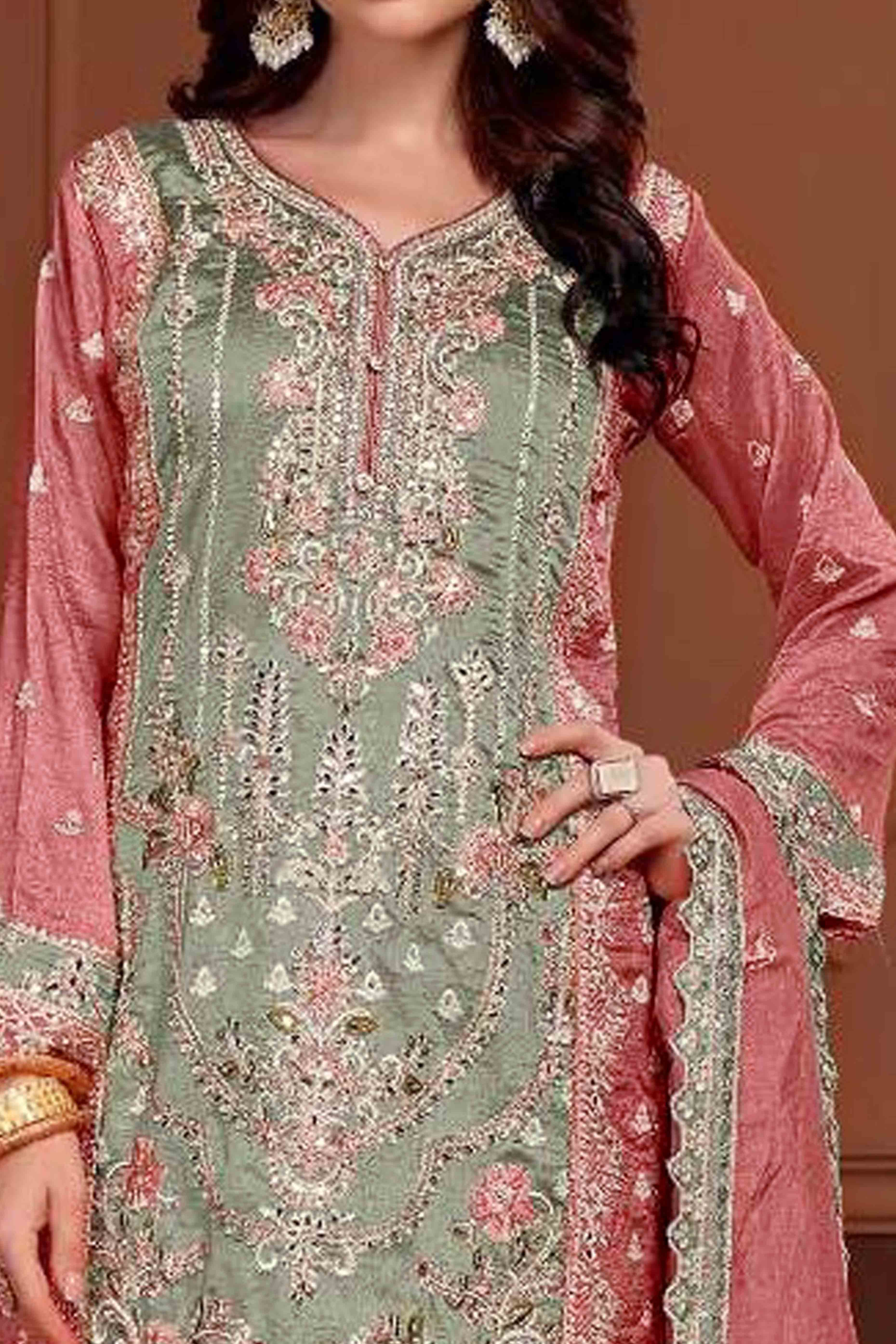 Green & Copper Rust Floral Sequins Embroidery Vichitra Silk Semi Stitched Pakistani Suit